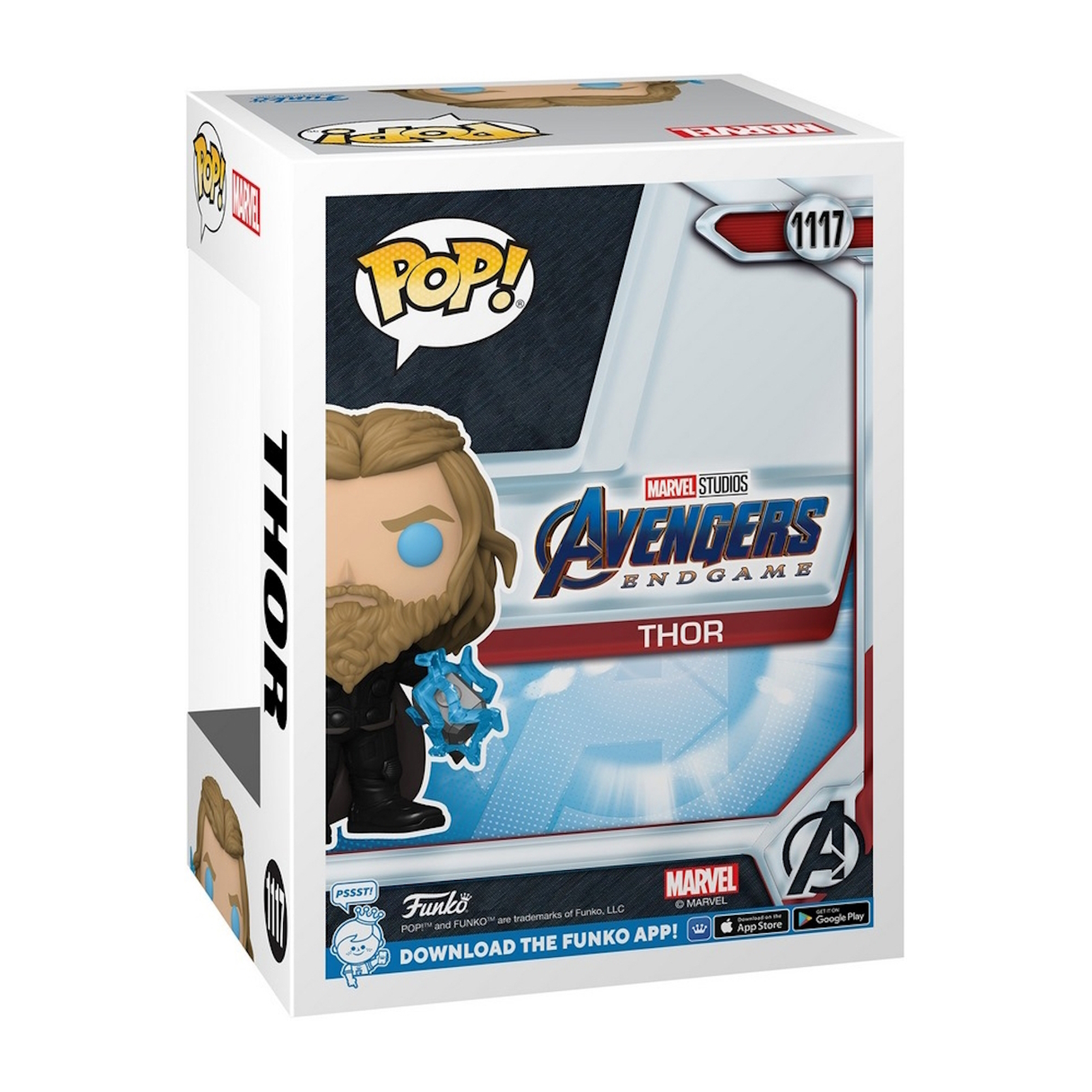 Caja Funko Pop de Thor. Figura de Thor con energía azul. Caja tiene logos de Avengers Endgame y Marvel.
