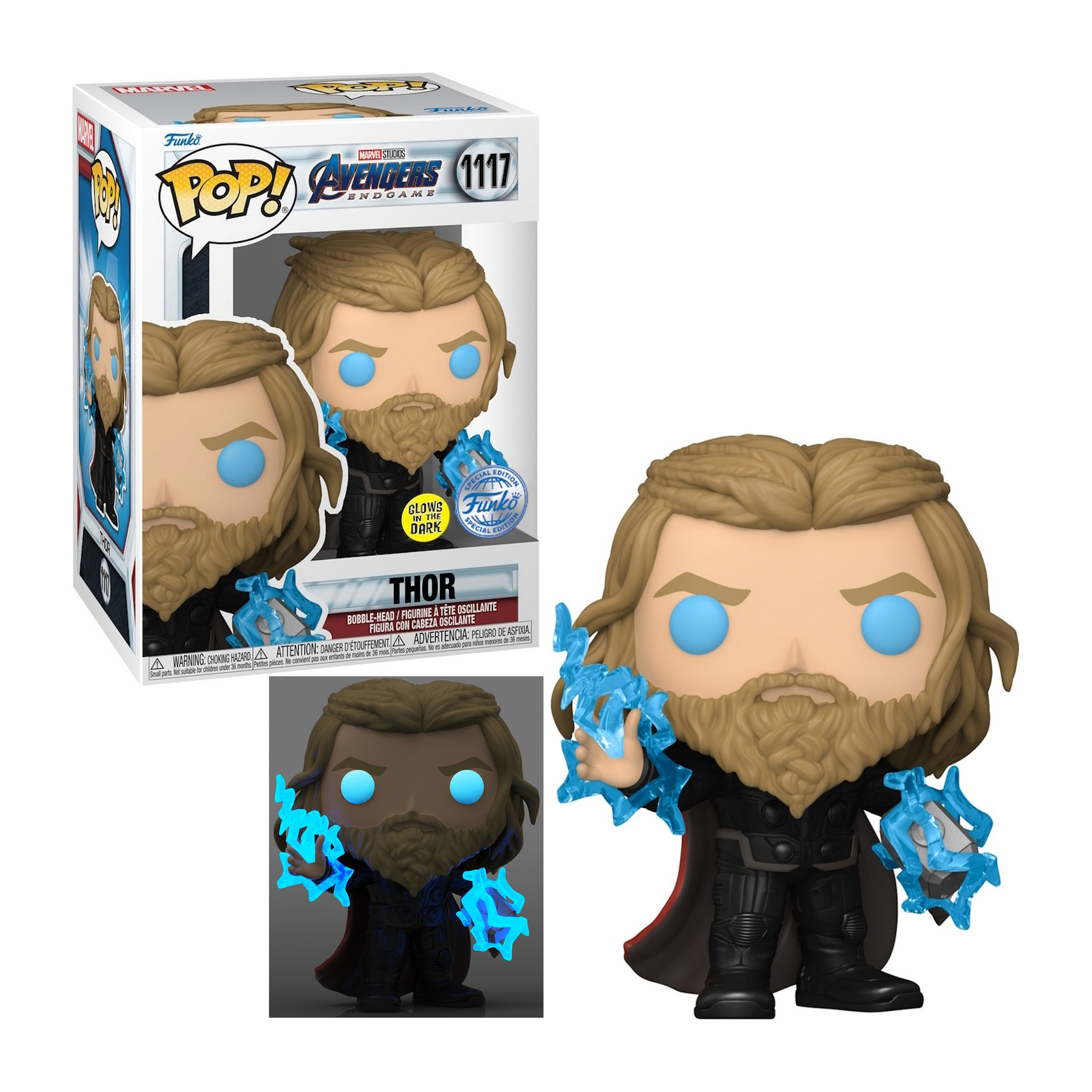 Figura de Thor con relámpagos azules brillantes. Viste de negro y tiene barba larga.