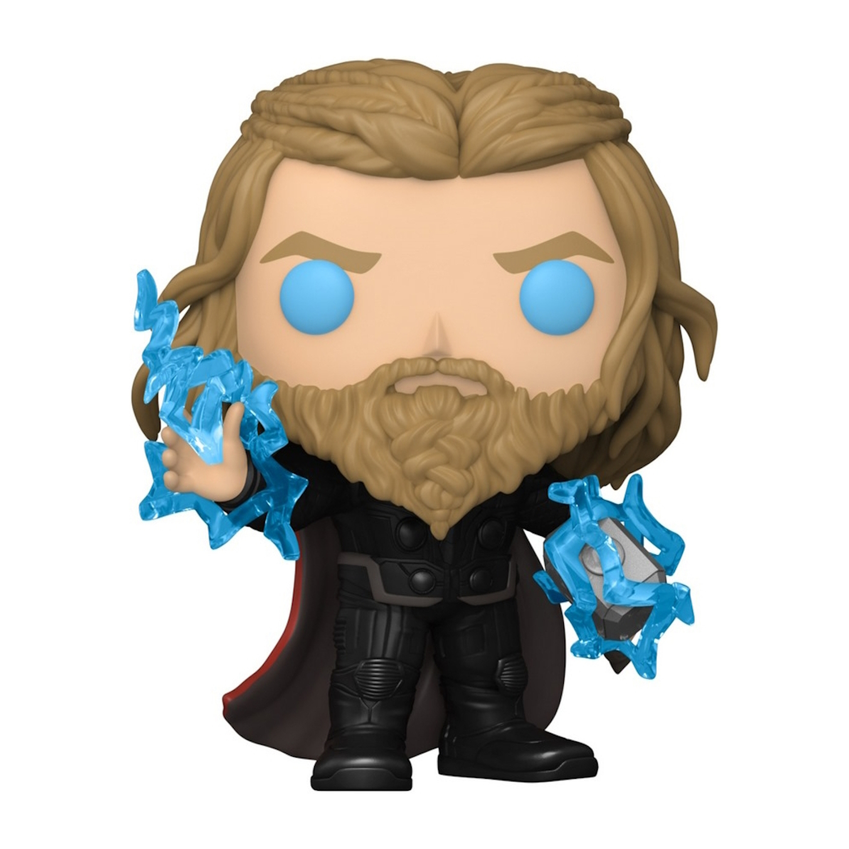 Figura de Thor con ojos azules, sosteniendo rayos, con traje negro y capa roja.