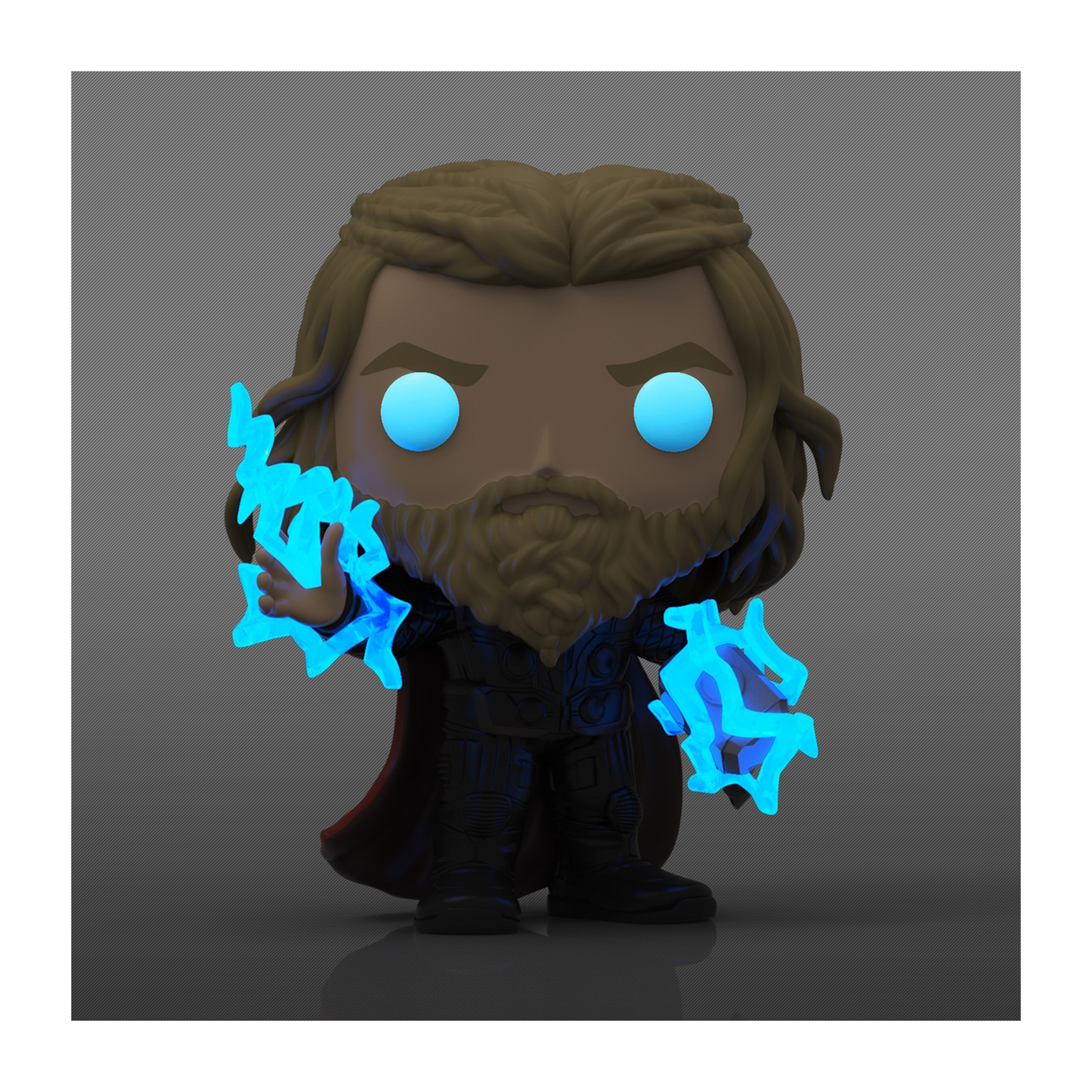 Thor Funko Pop con ojos azules brillantes y relámpagos, con una capa roja. En caja.