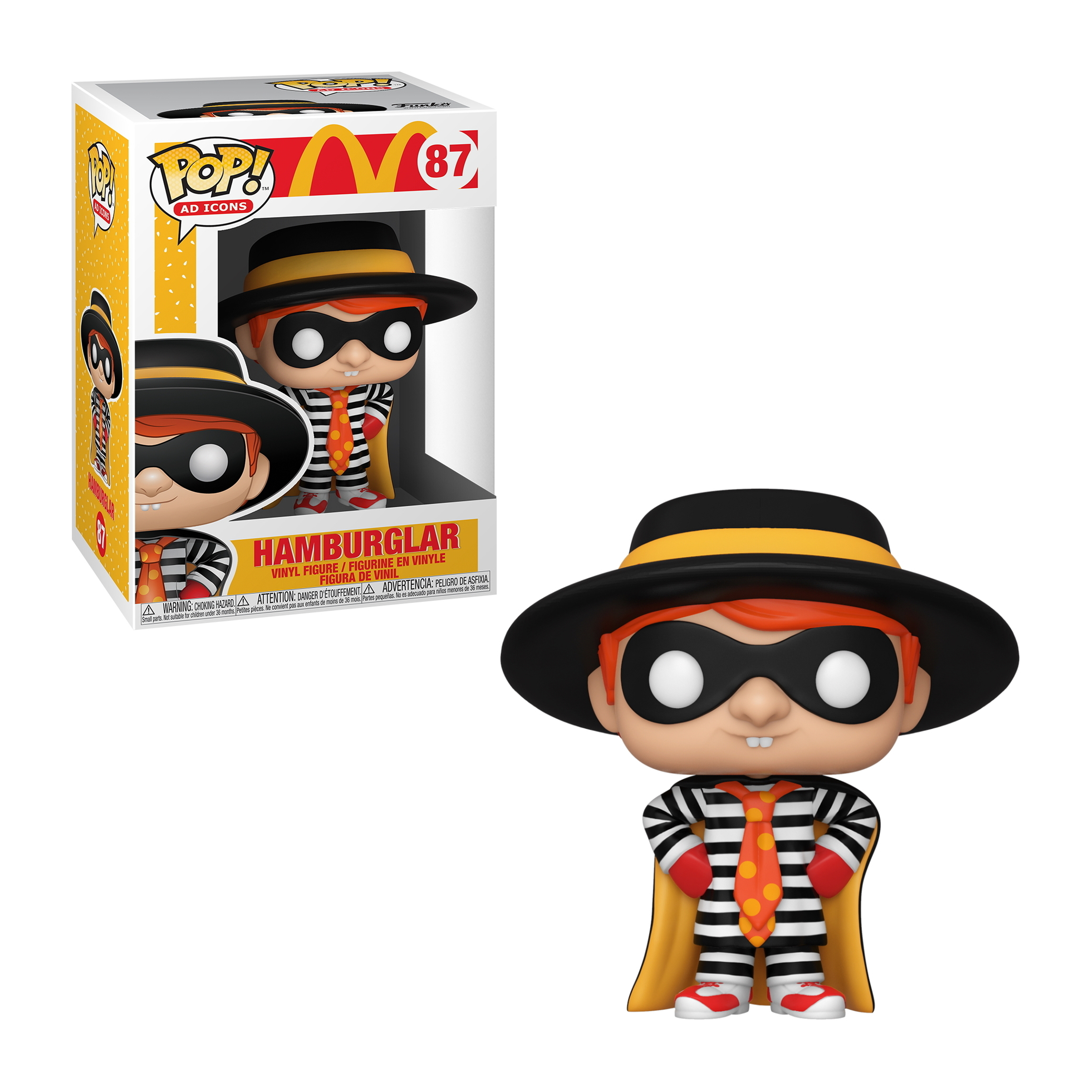 Hamburglar Funko Pop Figur und Box. Er trägt einen schwarzen Hut, Maske und gestreiftes Hemd.