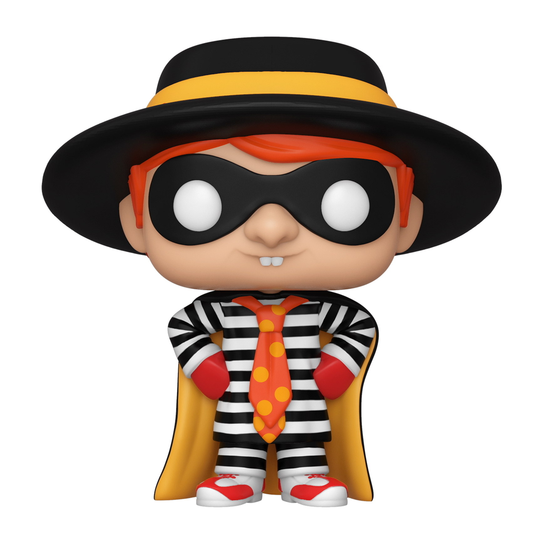 Funko Pop!-Figur des Hamburgers mit schwarzem Hut, Maske und gestreiftem Outfit.