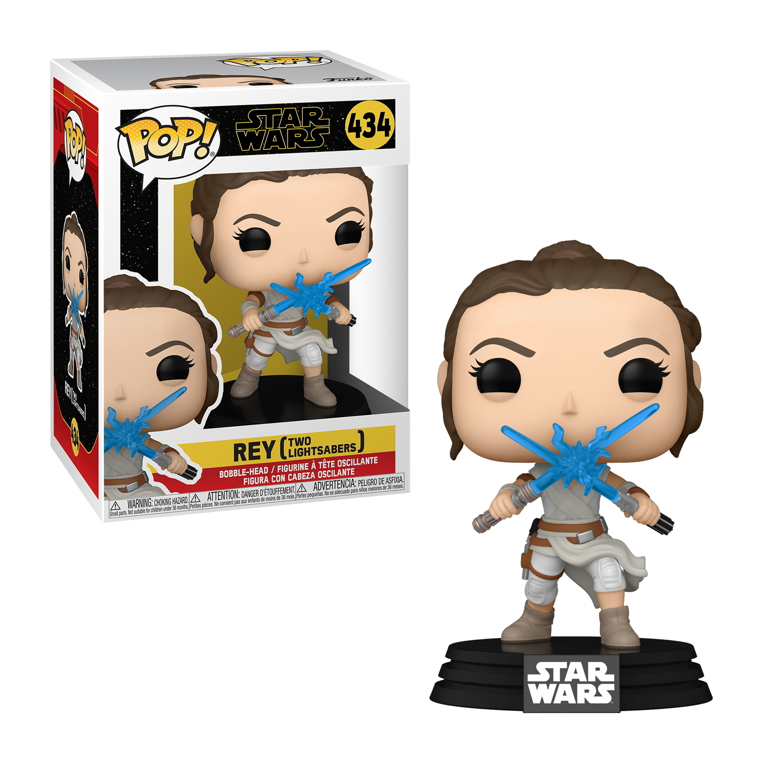 Rey mit zwei Lichtschwertern Funko Pop Figur, in einer Star Wars Box. Figur auf Sockel.