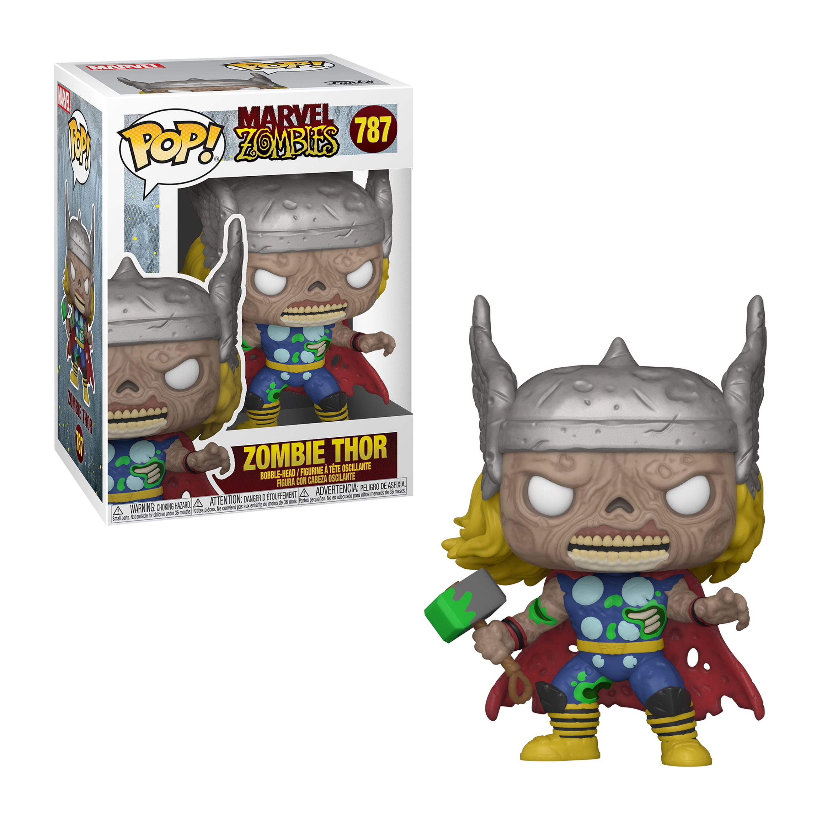 Zombie Thor Funko Pop Figur in und aus der Box. Thor mit Zombie-Merkmalen, in der Marvel Zombies Serie.
