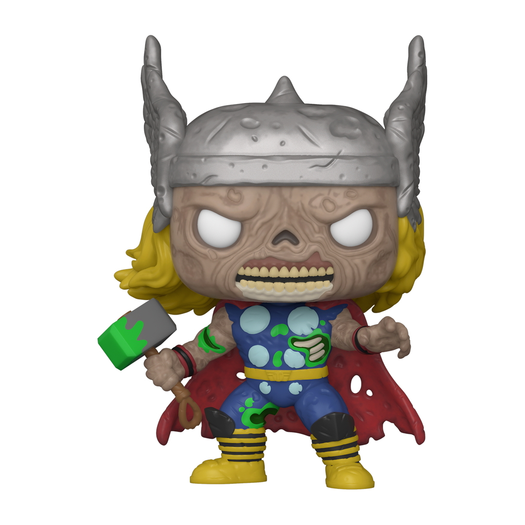 Eine Zombie-Thor Funko Pop-Figur, die einen grünen Hammer hält und einen roten Umhang trägt.
