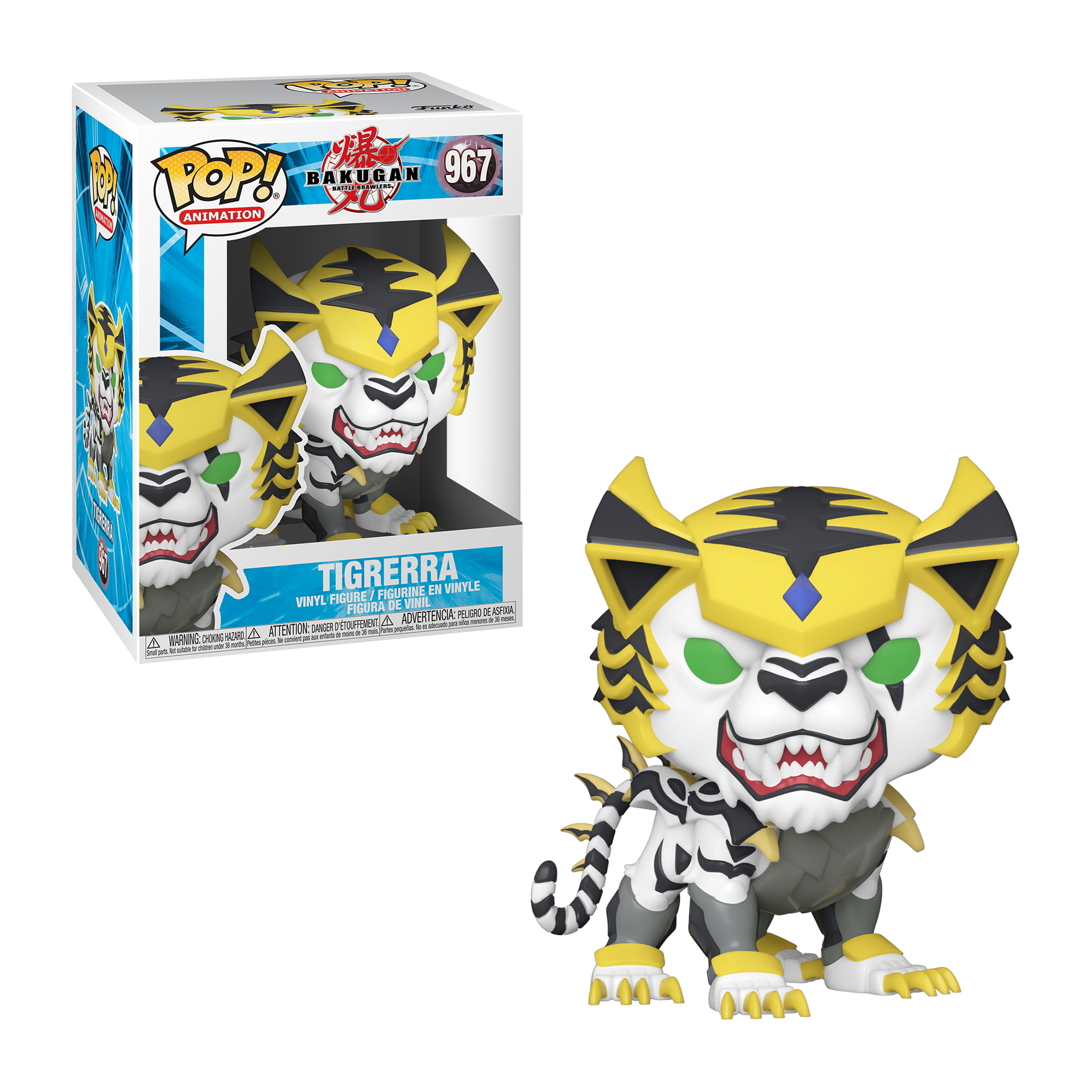 Funko Pop Figur von Tigrerra aus Bakugan. Gelb-weißes tigerähnliches Figur. Weißer Hintergrund.