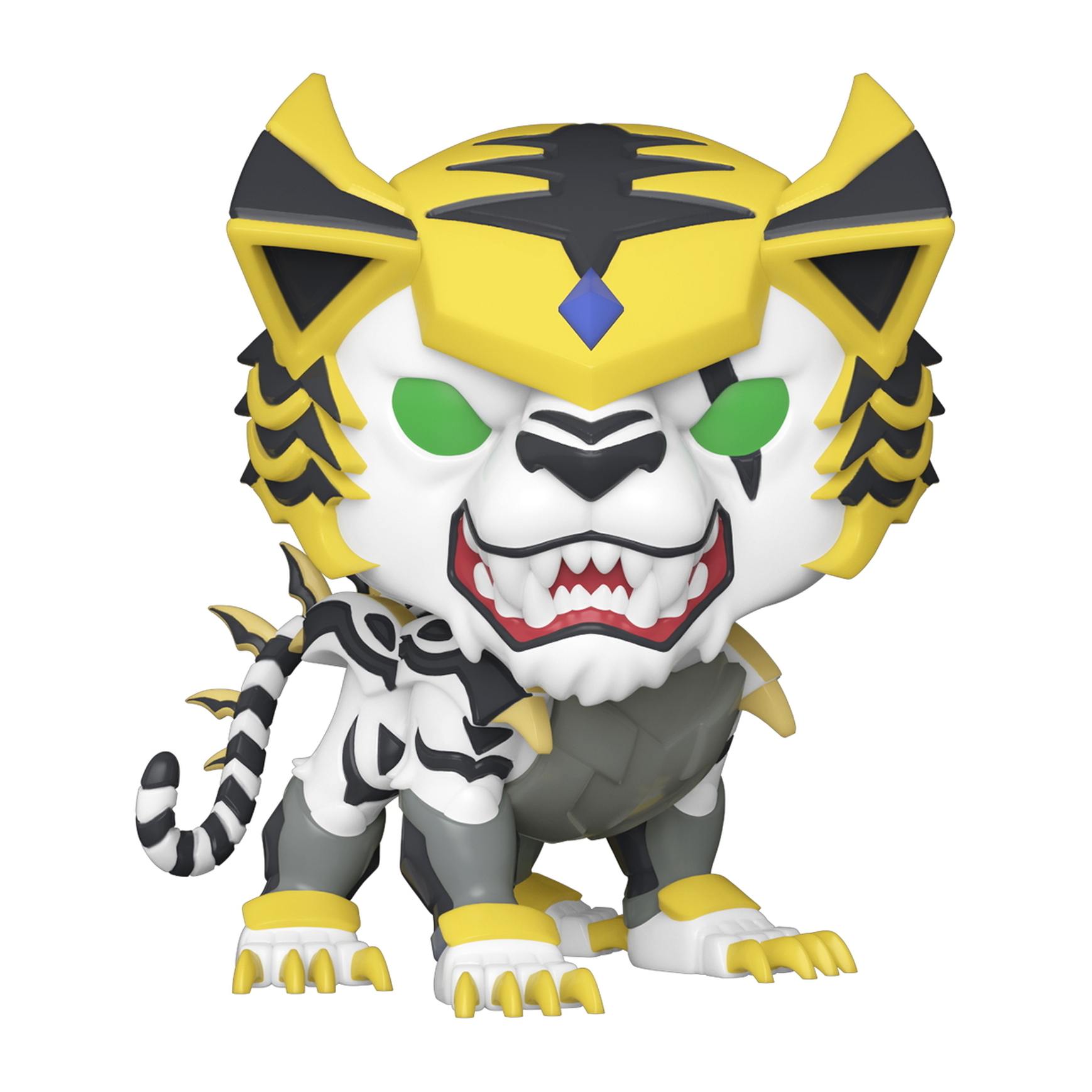 Tigerähnliche Funko Pop Figur mit gelb-schwarzer Rüstung, weißem Gesicht, grünen Augen und Schwanz, mit Box.