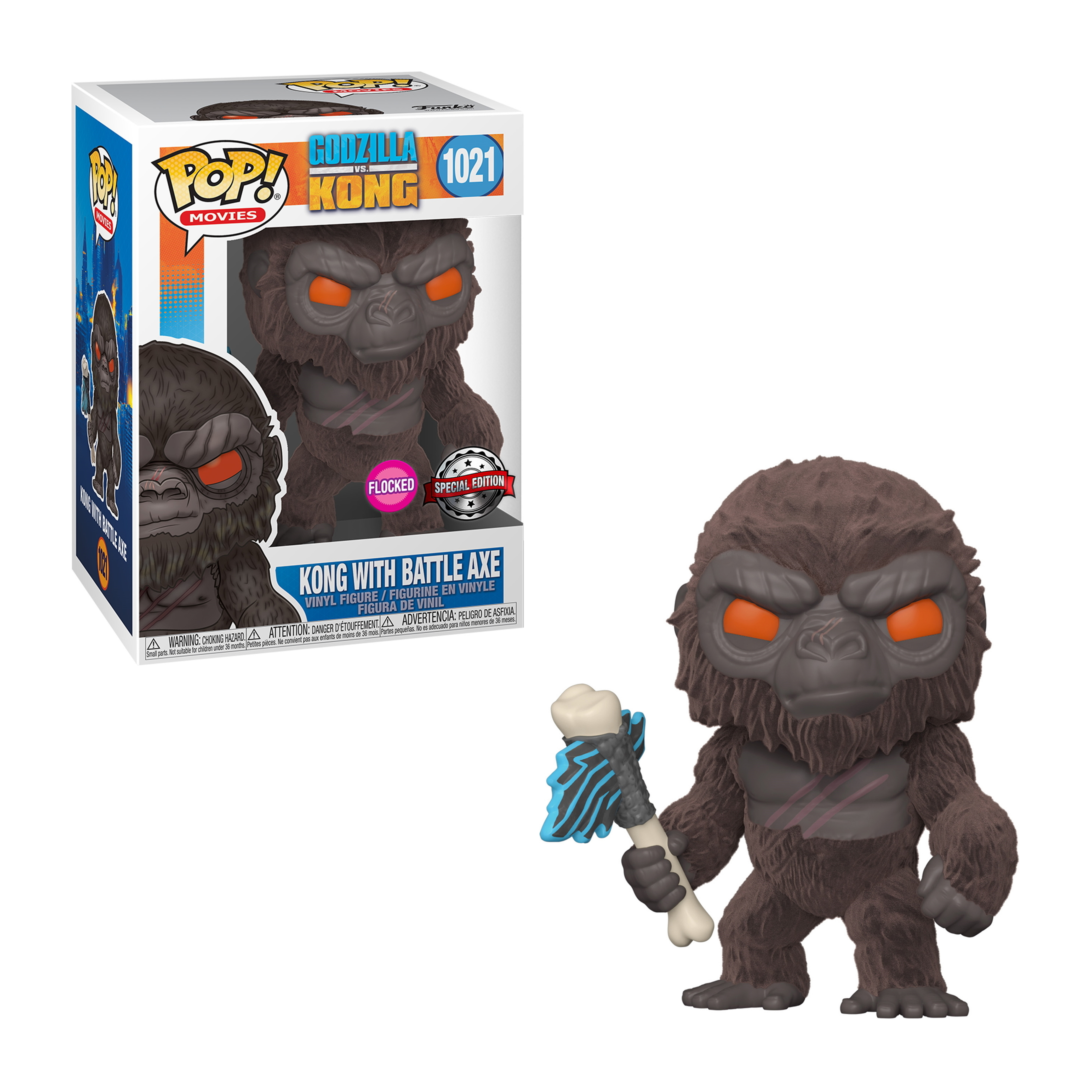 Kong mit Battle Axe Funko Pop. Braunes Fell, orange Augen und weißer Hintergrund.