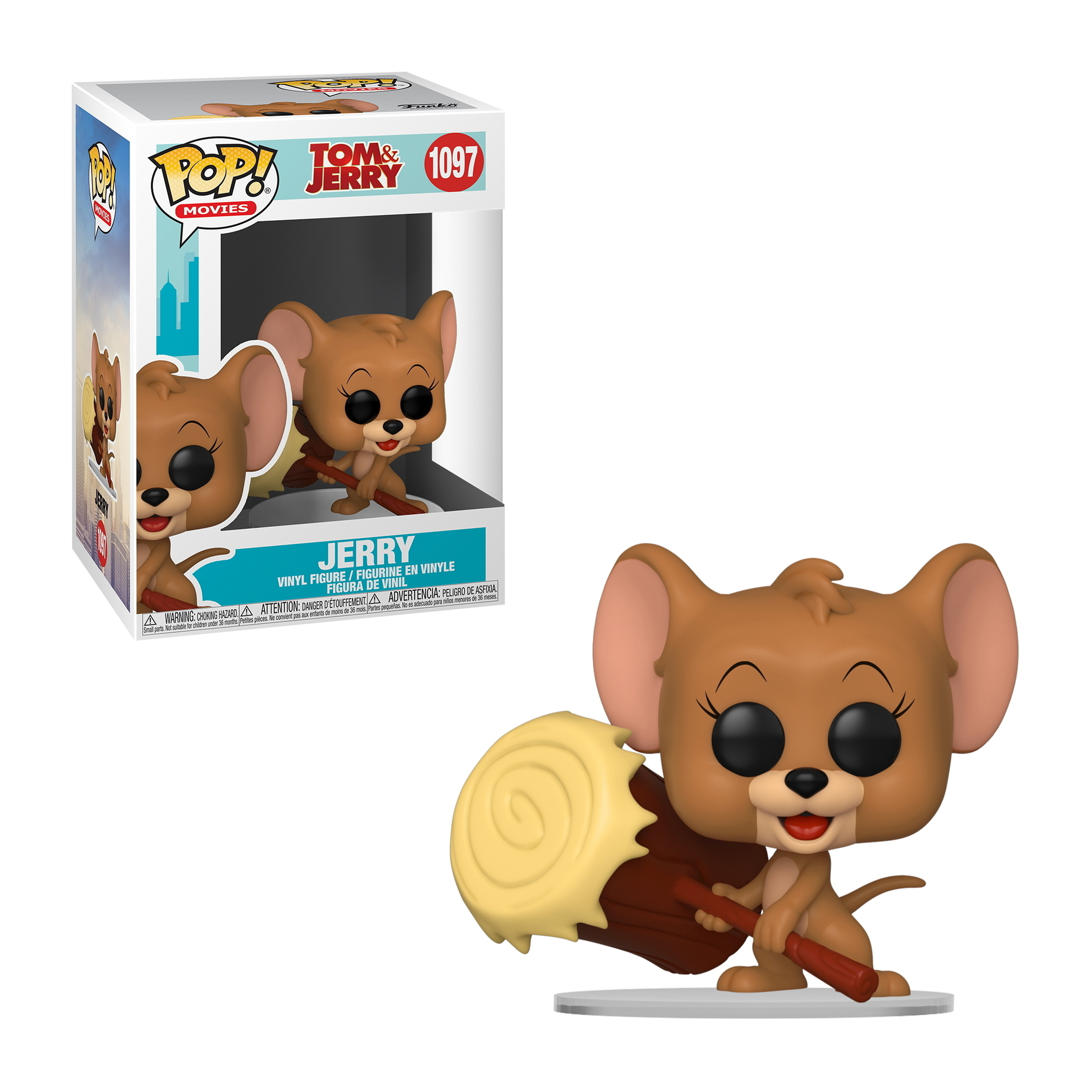 Jerry Funko Pop Figur mit einem Hammer, der ein Stück Käse hält. Die Box zeigt Jerry.