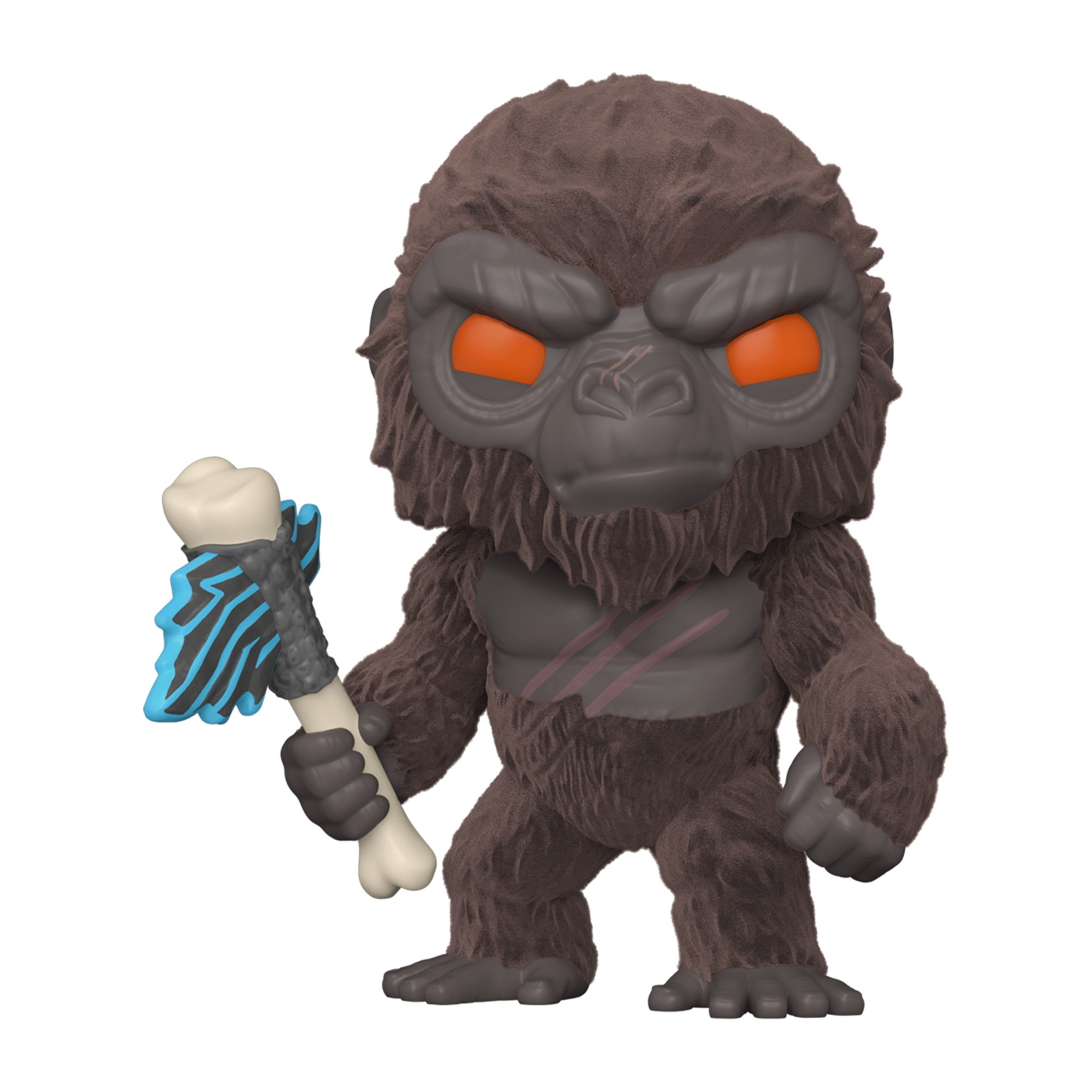 King Kong-Figur mit einer Knochenaxt, mit orangefarbenen Augen. Dunkelbraunes Fell.