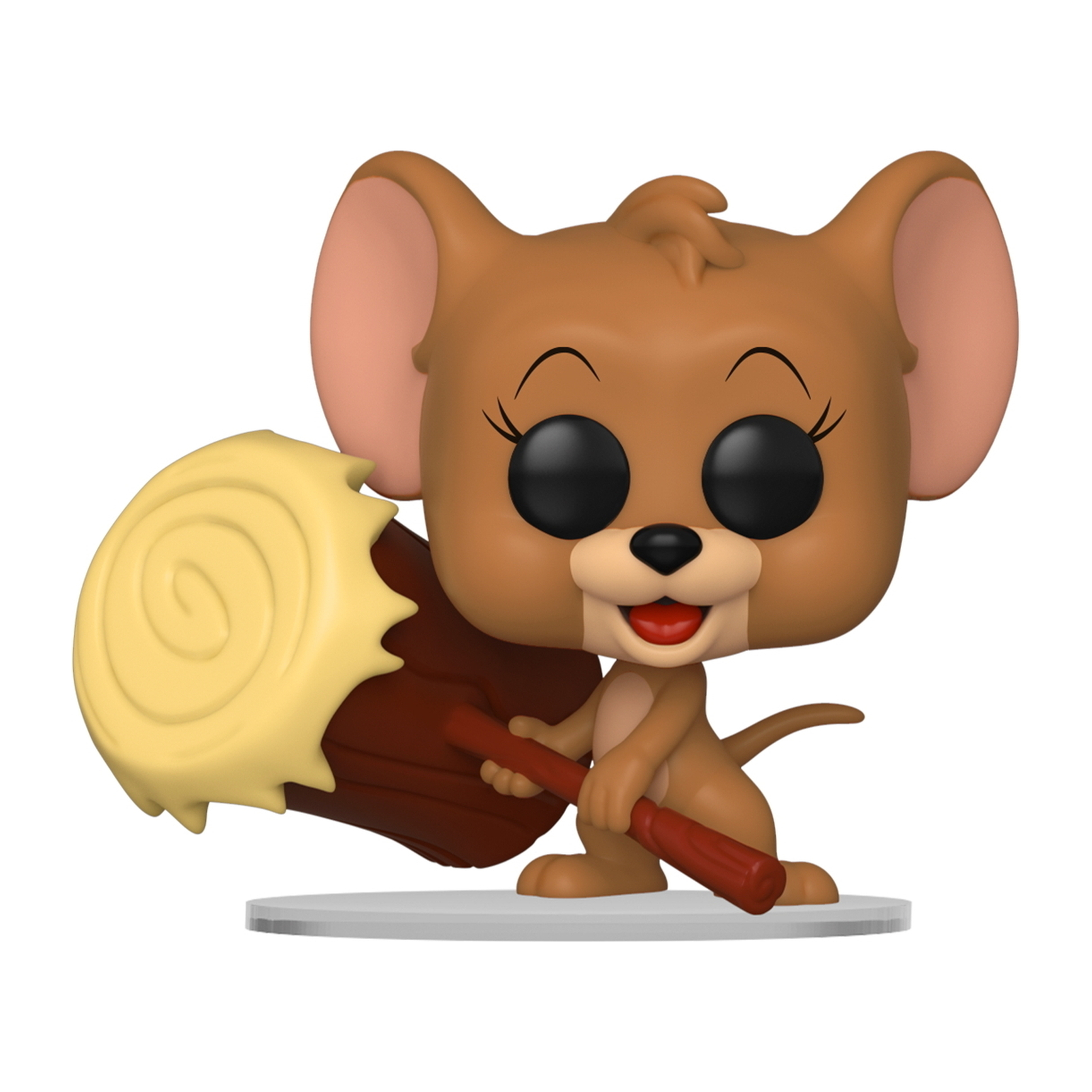 Jerry Maus Funko Pop Figur. Er hält einen Schlägel. Ein gelber Käseblock ist am Ende.