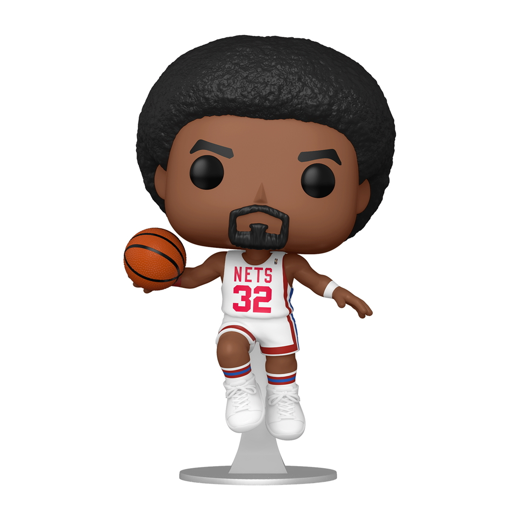 Eine Nets-Spieler Funko Pop Figur mit einem Basketball, trägt ein Nets-Trikot. Schwarze Haare und Ziegenbart.