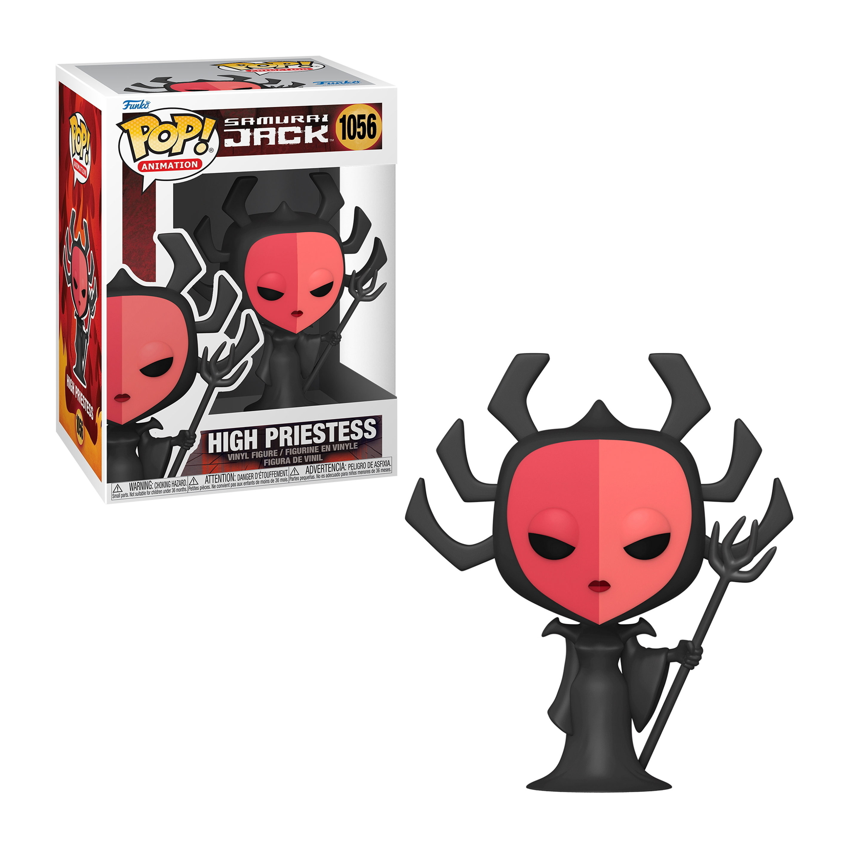 Figura de la Sacerdotisa, rostro rojo con cuernos y atuendo negro, sosteniendo un tridente.