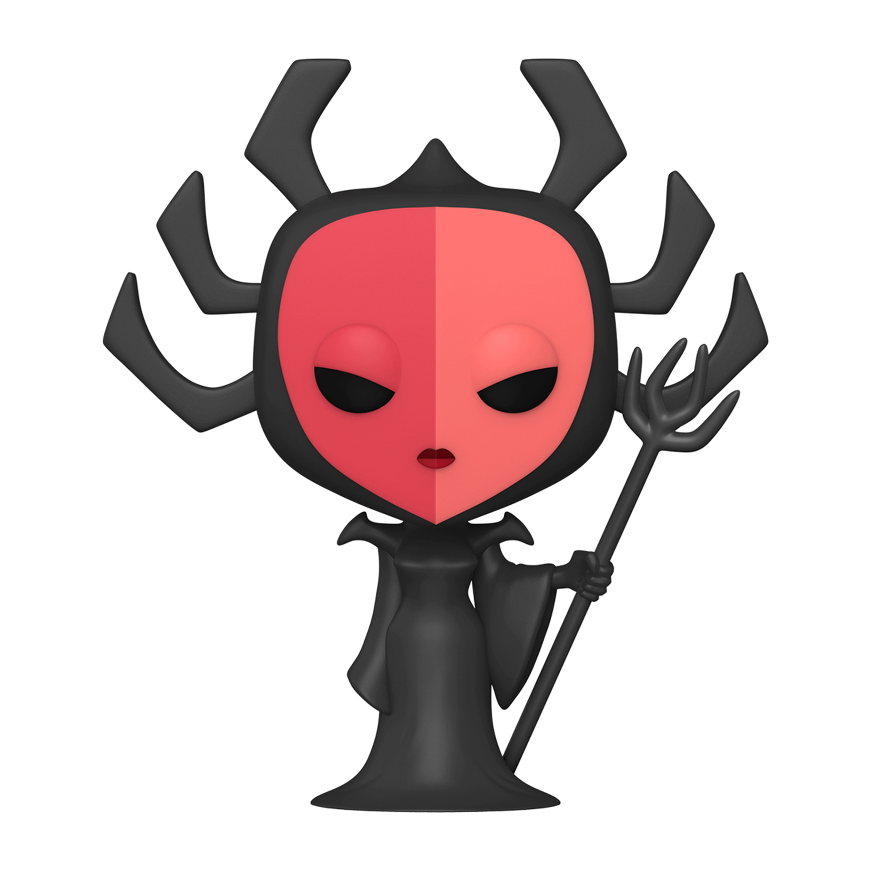 Figura de Aku de Samurai Jack, cuerpo y cabeza negros, cara roja, sosteniendo un bastón.