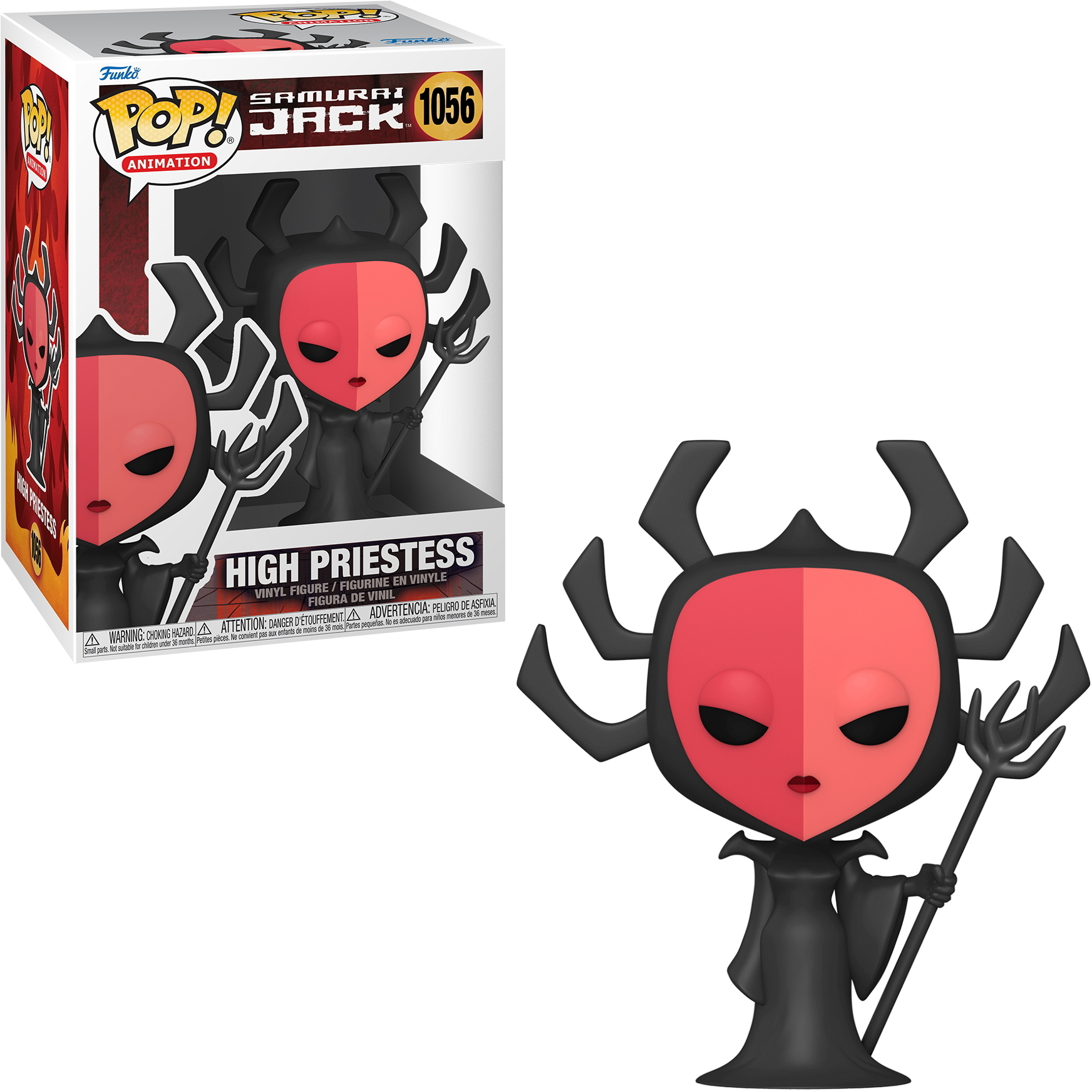 Una figura Funko Pop de la Suma Sacerdotisa de Samurai Jack. Viste una túnica negra y máscara roja.