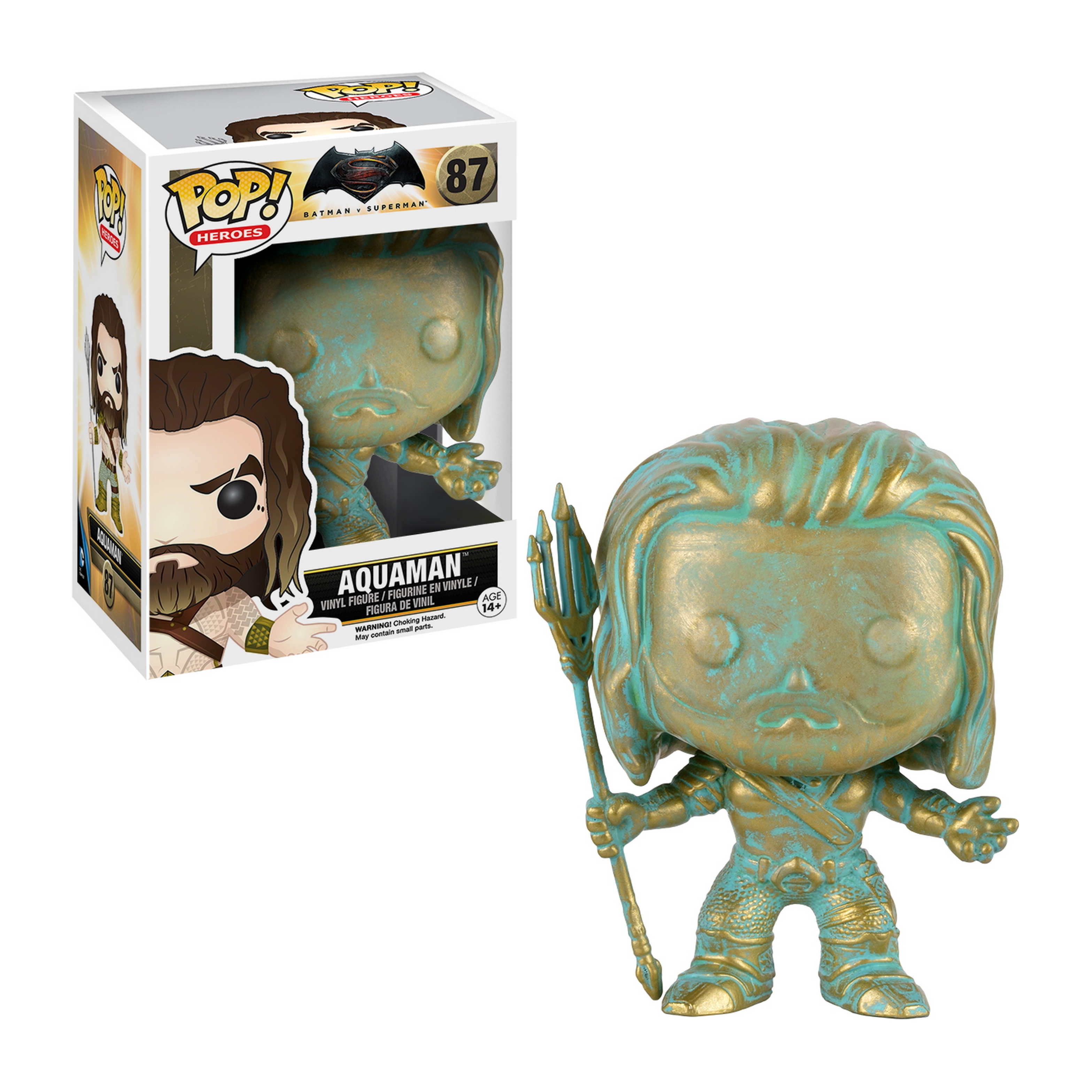 Aquaman Funko Pop Figur. Grün und Gold Farben. Hält einen Dreizack. Basierend auf Batman v Superman Film.