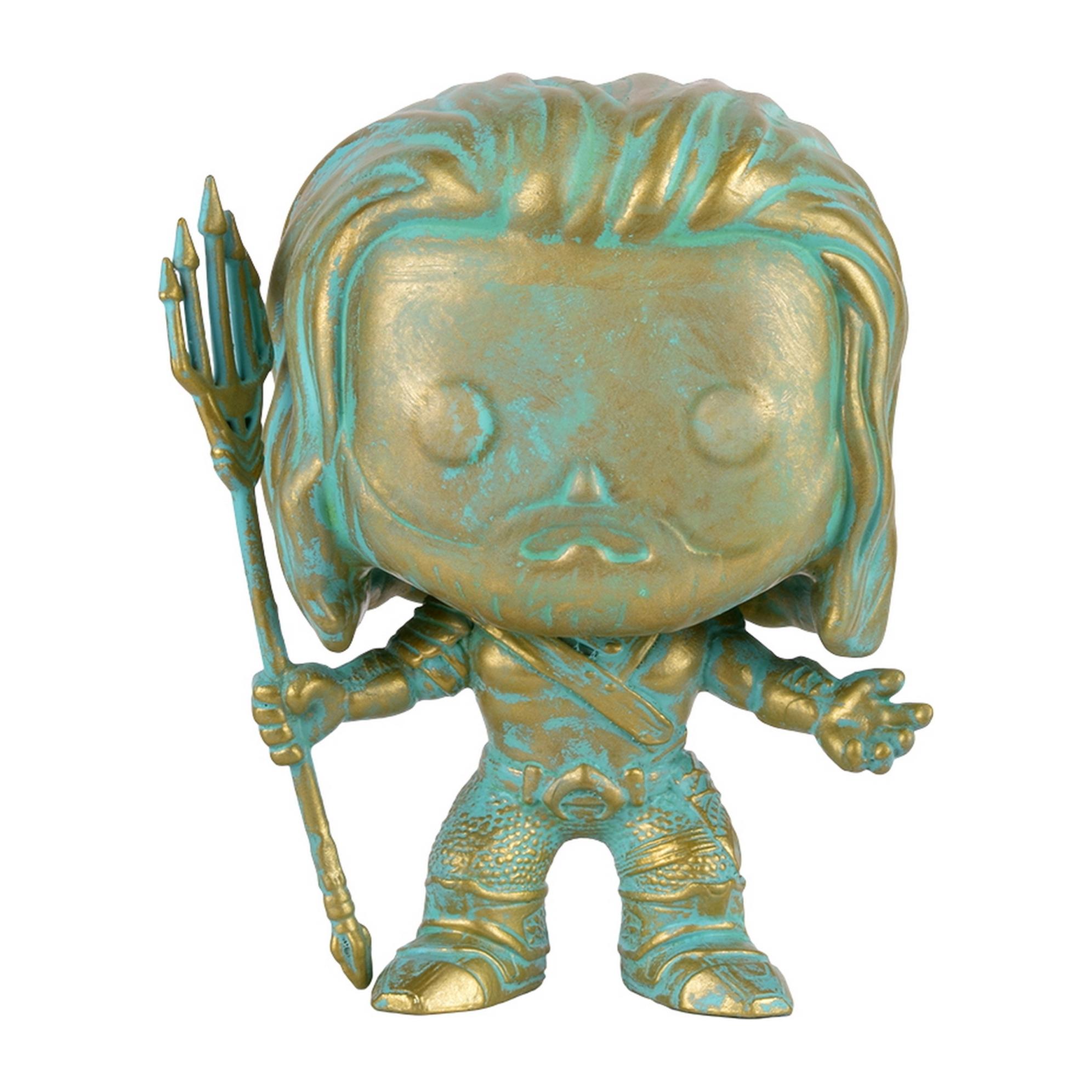 Aquaman-Figur, gold und teal, hält Dreizack, bronzefarbener Anzug, lange Haare, muskulöser Körperbau, lächelnd.