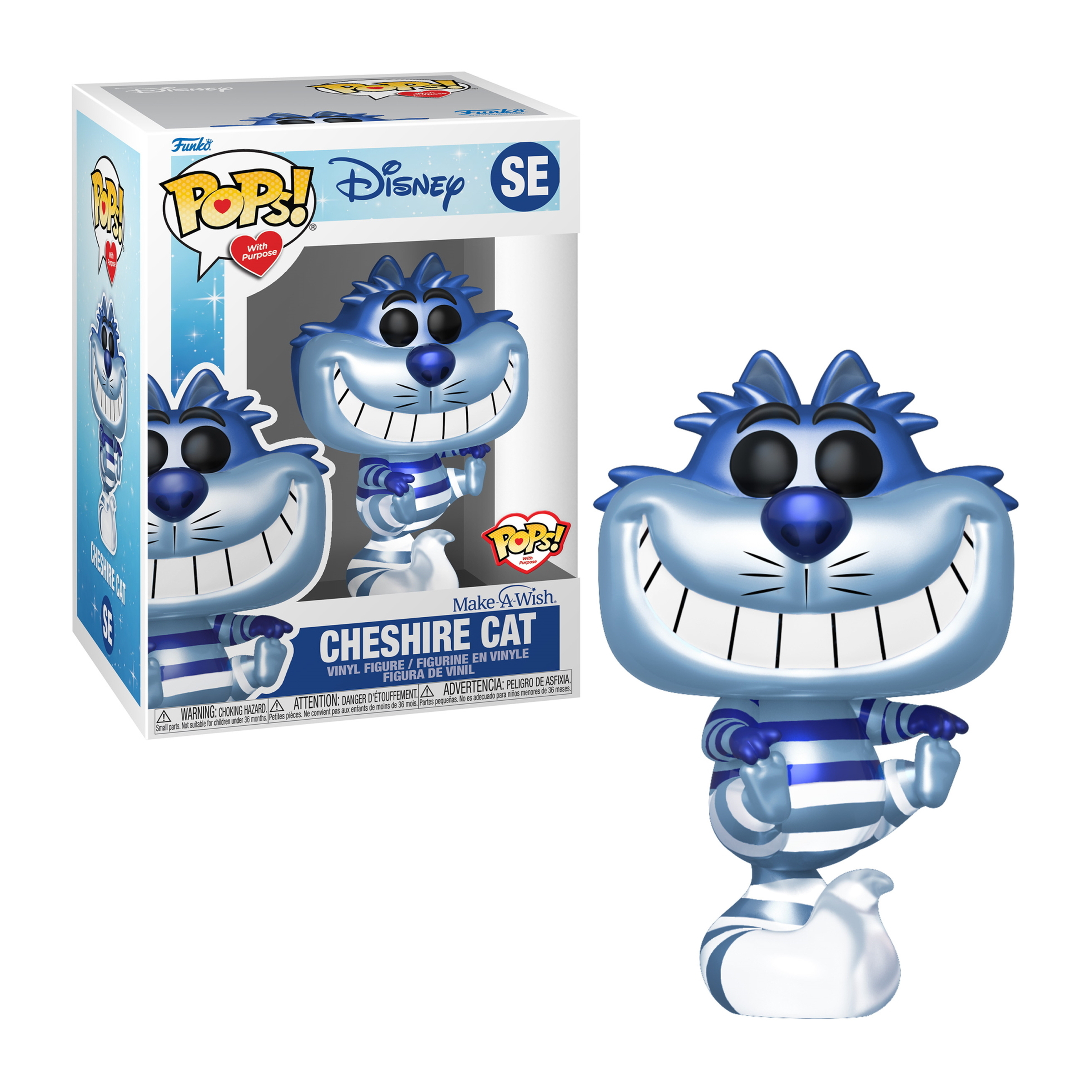 Figura del Gato de Cheshire con rayas y una gran sonrisa, de pie cerca de una caja con la misma imagen.
