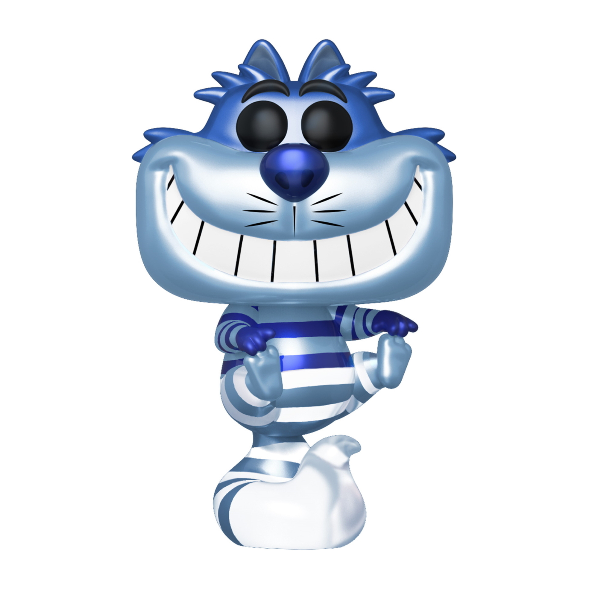 Figura del Gato de Cheshire Funko Pop, a rayas azules y blancas, con una gran sonrisa y cola.