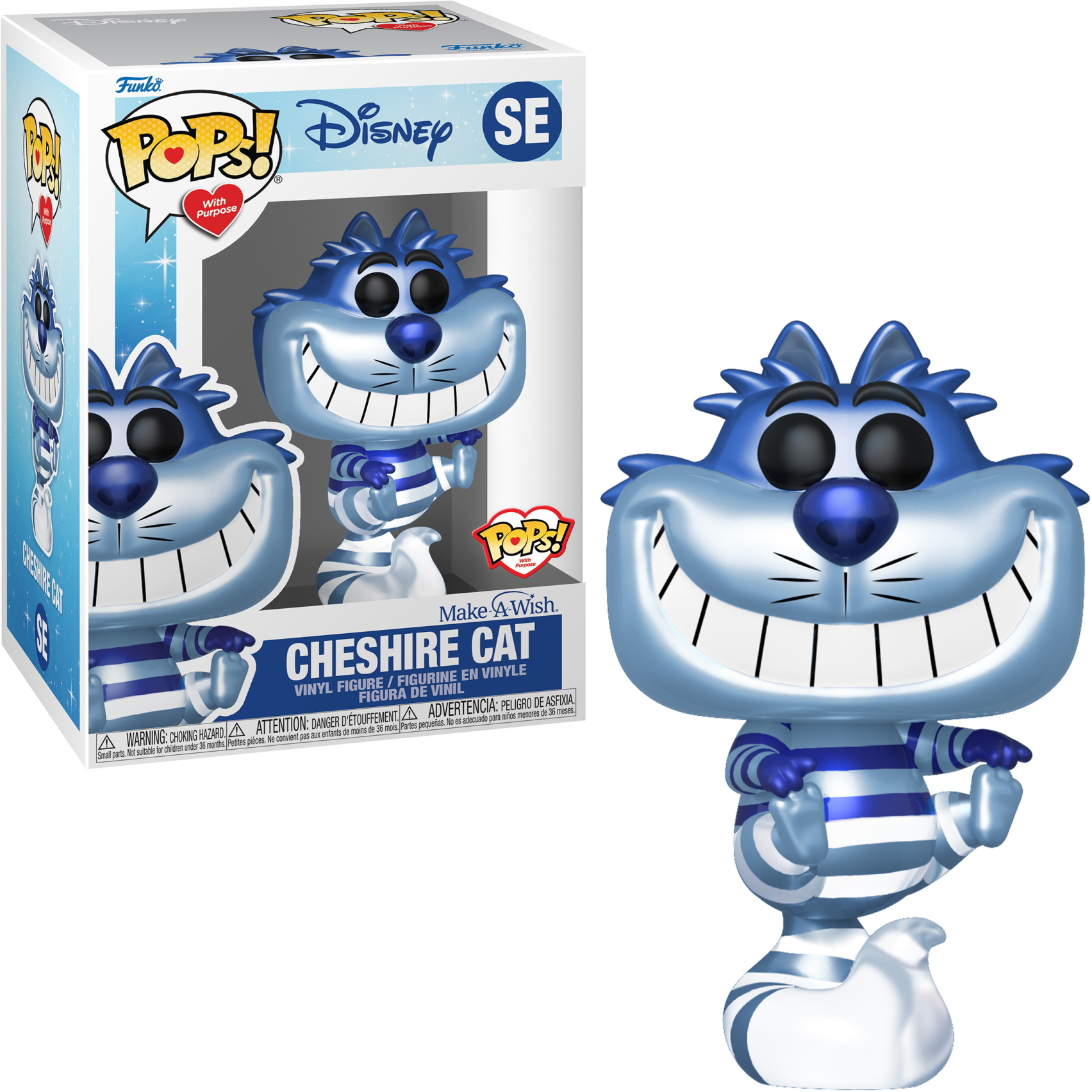 Figura Cheshire Cat Funko Pop. Rayas azules y blancas, gran sonrisa, de pie, con caja y logo.