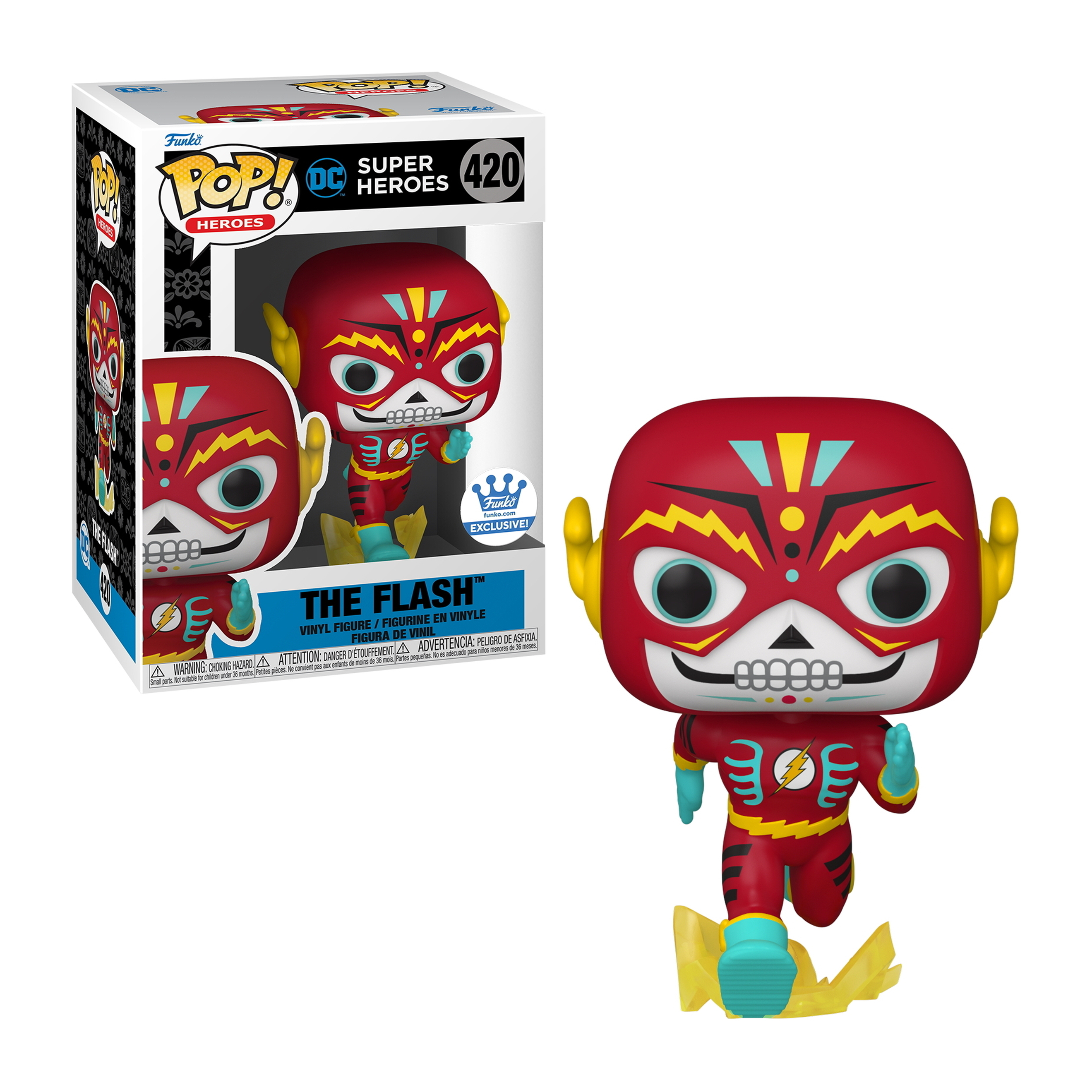 The Flash Funko POP Figur mit schädelähnlichem Gesicht, roten und gelben Farben.