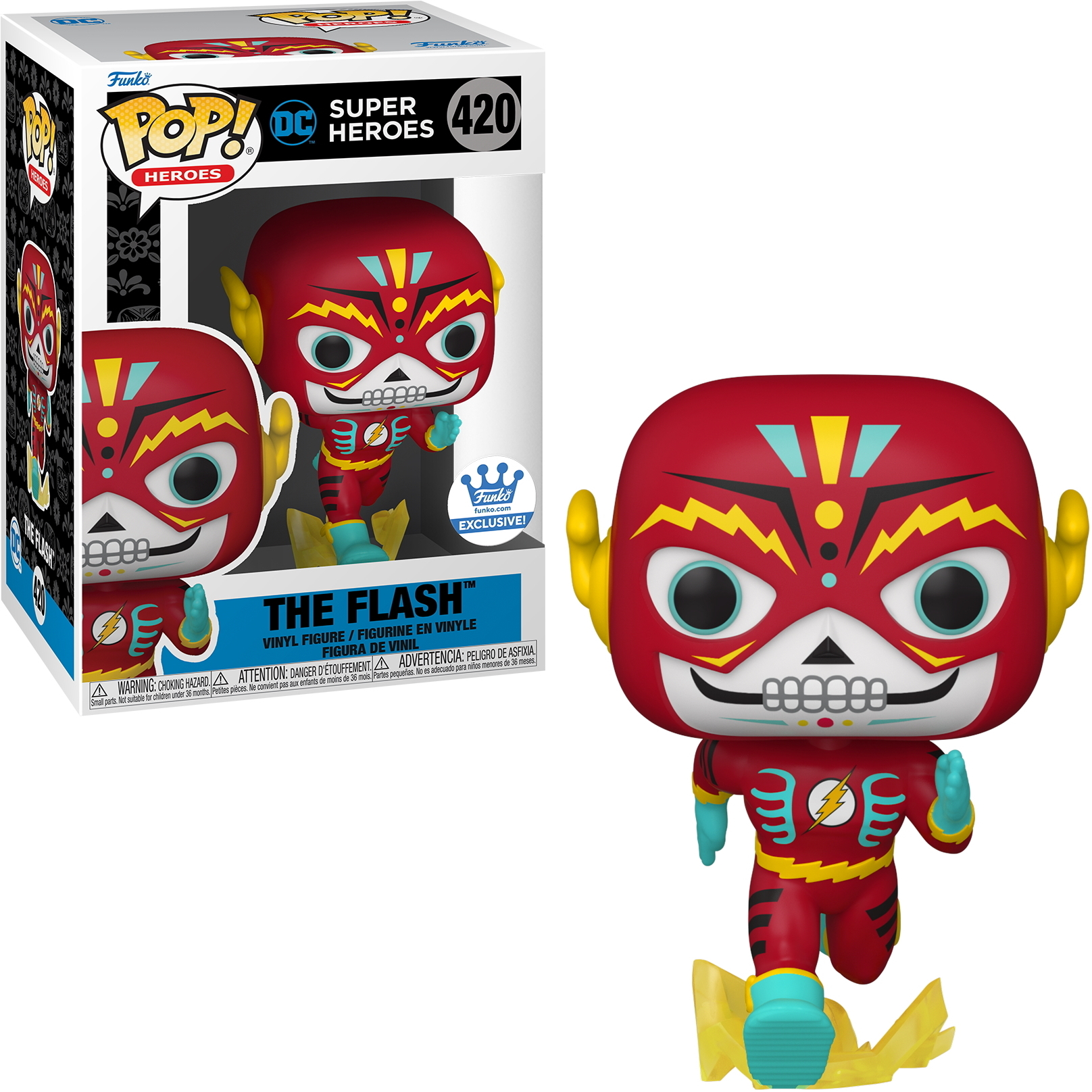 The Flash Figur, rot mit gelben Akzenten. Schädelähnliches Gesicht, Laufpose, in einer Box mit Text.