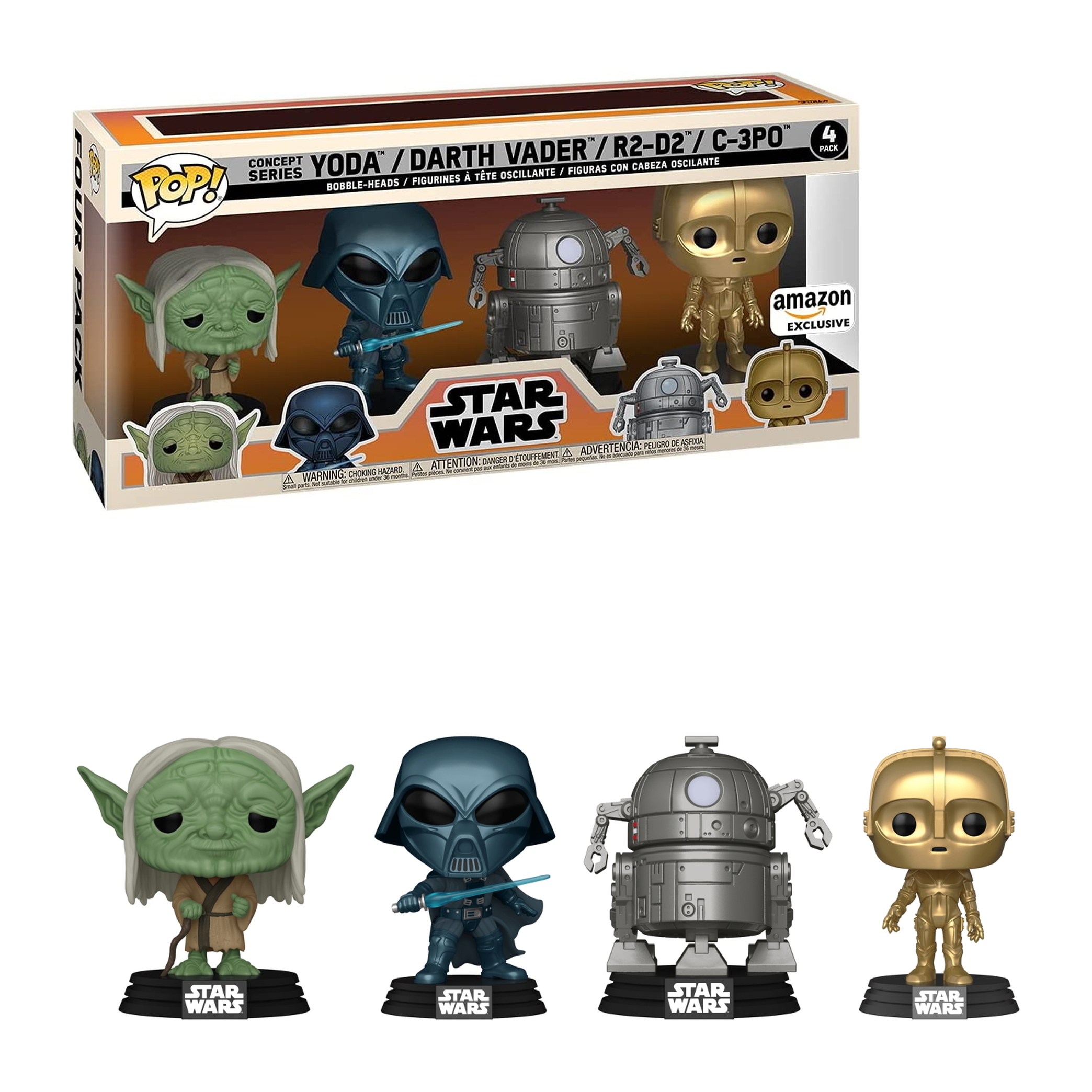 Star Wars-Figuren in einer Box: Yoda, Darth Vader, R2-D2 und C-3PO. Amazon exklusiv.