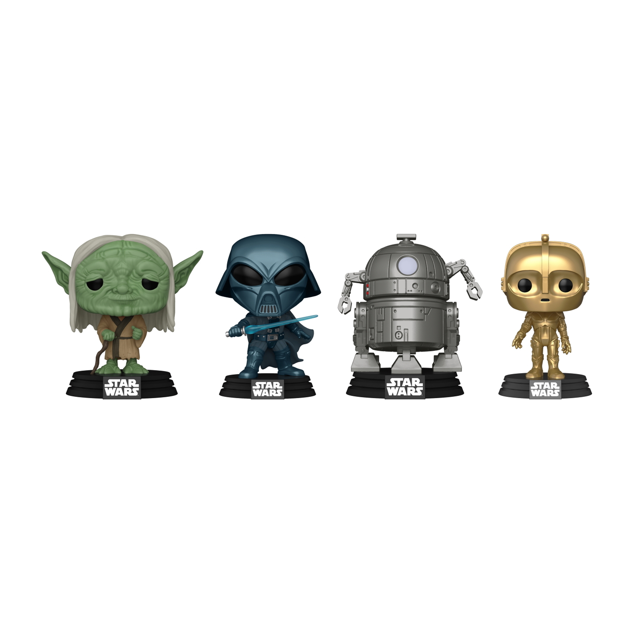 Vier Star Wars Funko Pop Figuren: Yoda, Darth Vader, R2-D2 und C-3PO, alle auf Ständern.