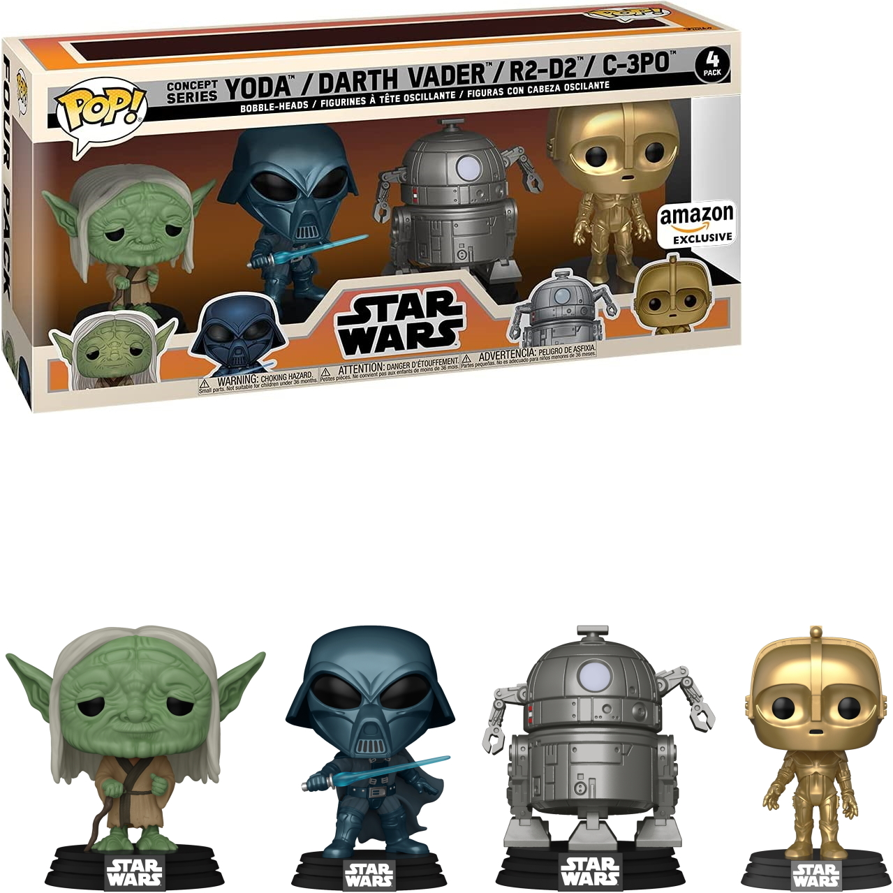Star Wars Funko Pop Set. Yoda, Darth Vader, R2-D2 und C-3PO Figuren in einer Box.