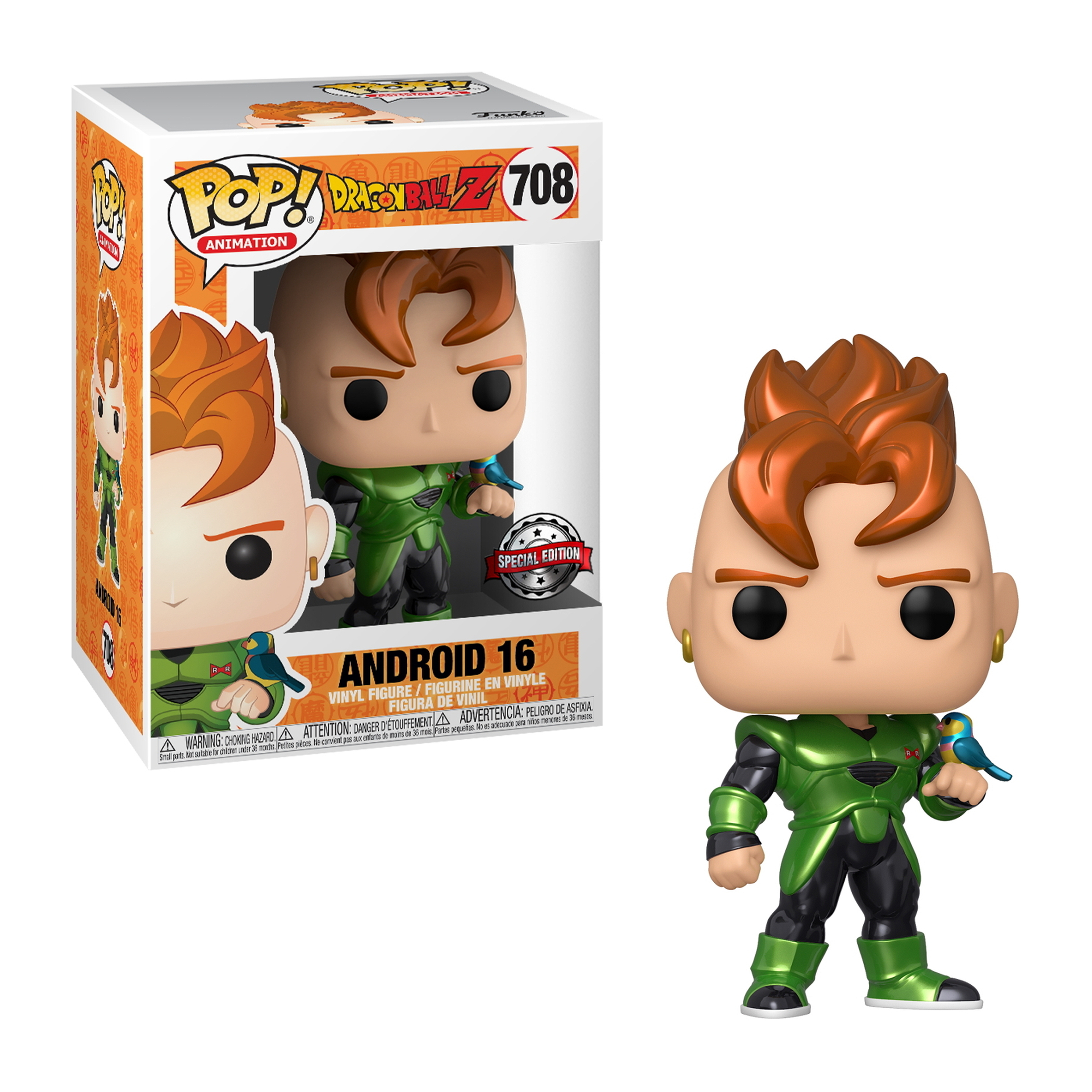 Eine Funko Pop Figur von Android 16 aus Dragon Ball Z, der einen kleinen Vogel hält, mit grüner Rüstung.