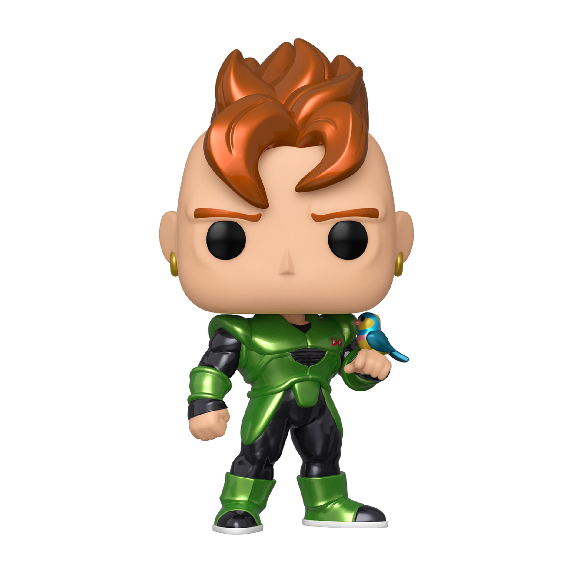 Android 16 Figur, grün-schwarzer Anzug, hält blauen Vogel, mit Box.