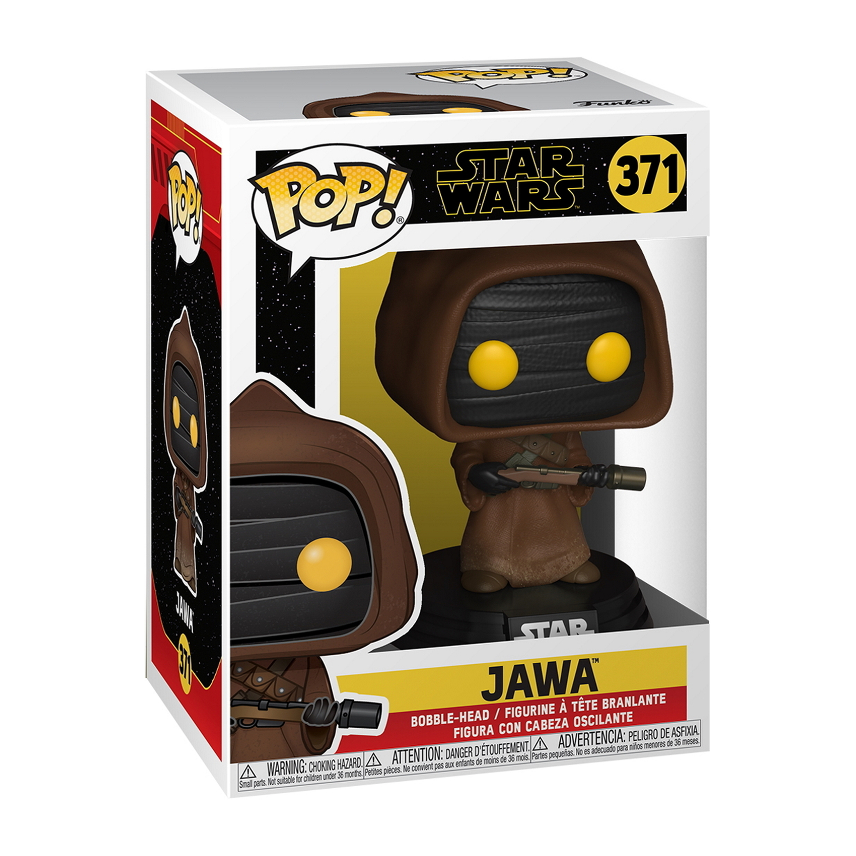 Figurka Jawa Funko Pop w pudełku. Figurka jest brązowa z żółtymi oczami i trzyma broń. Tło jest czarne.