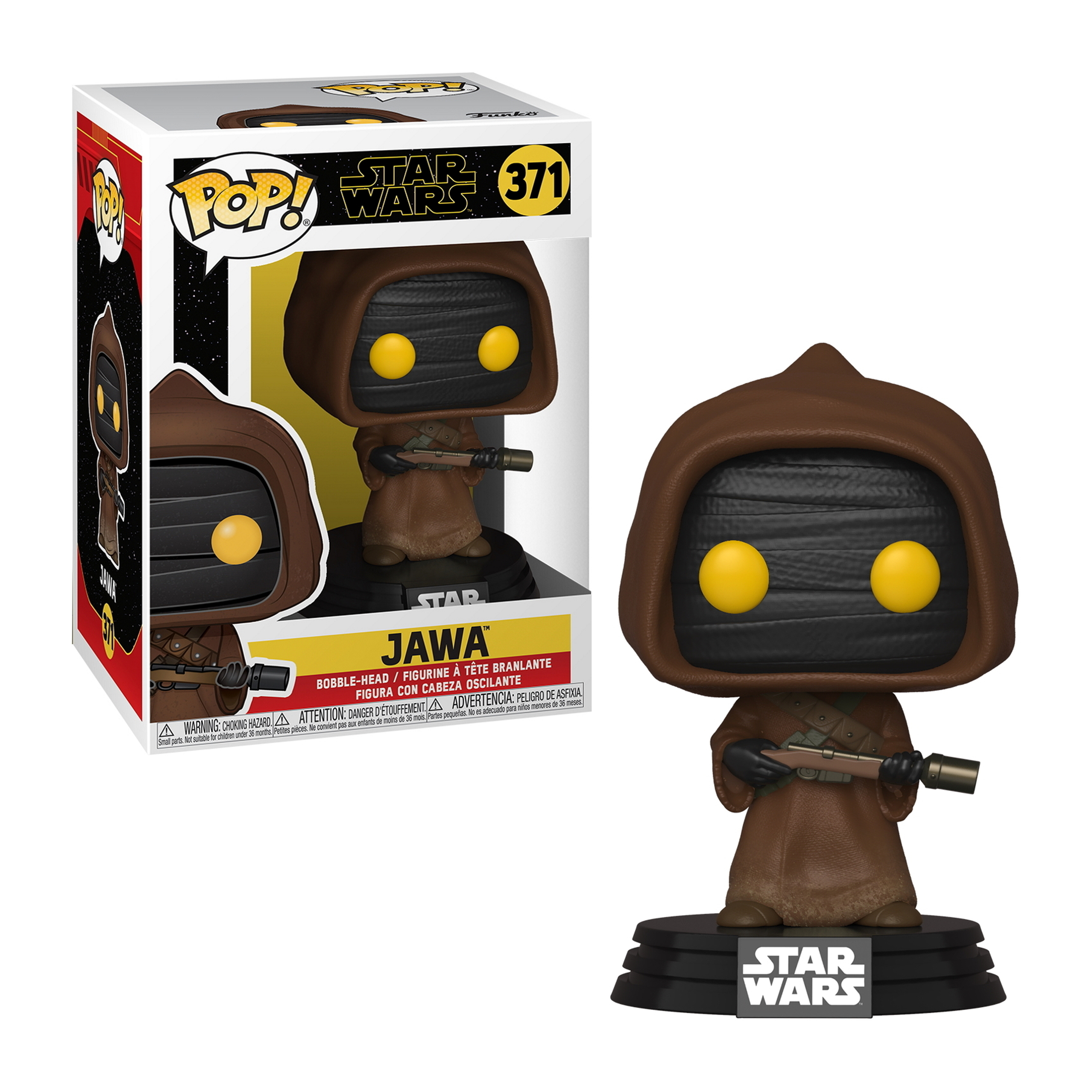 Figurka Jawa Funko Pop z Gwiezdnych Wojen, w brązowej szacie i masce, trzymający karabin, z pudełkiem.