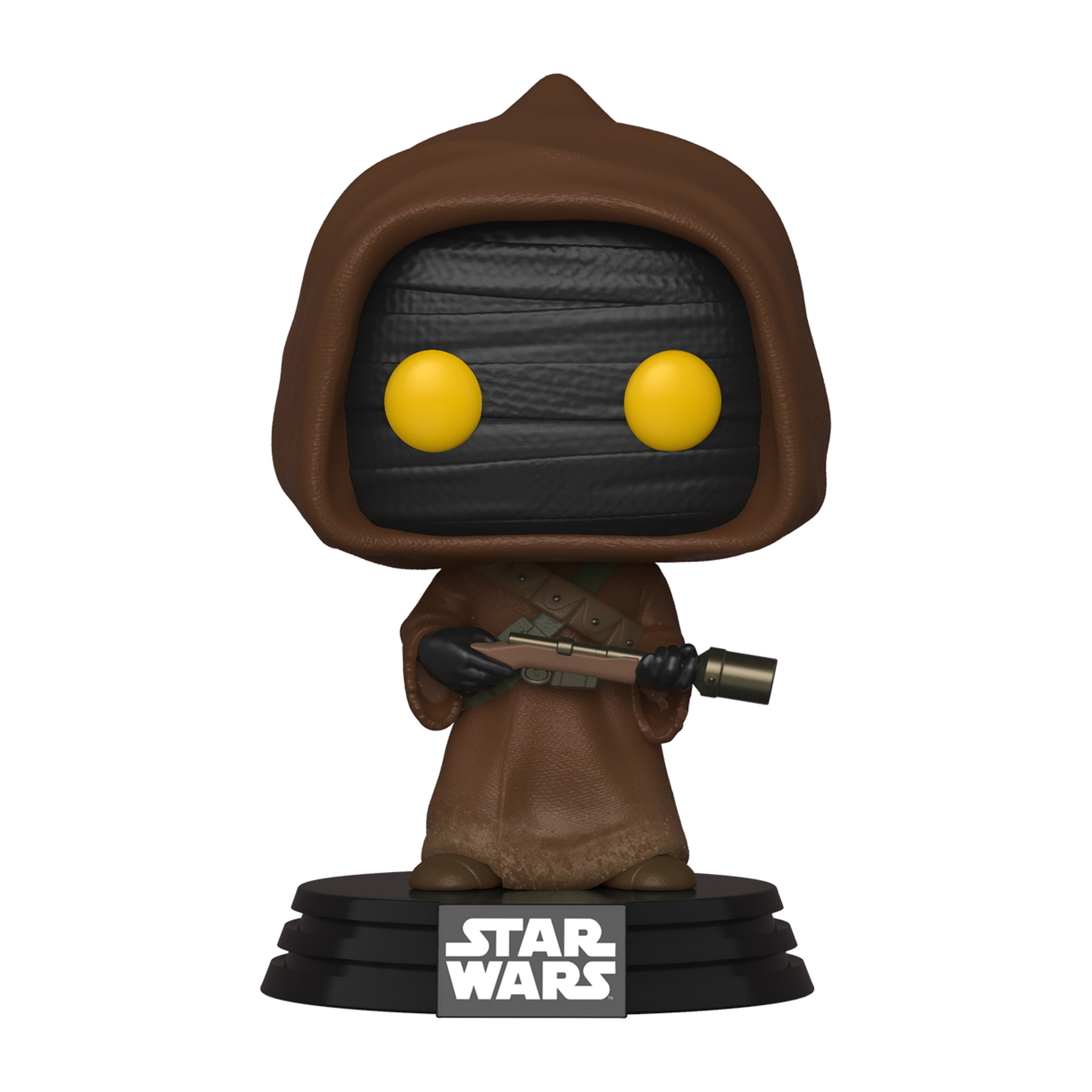 Figurka Jawa Star Wars na czarnej podstawie. Brązowa szata, czarna twarz, żółte oczy i trzymająca laskę.