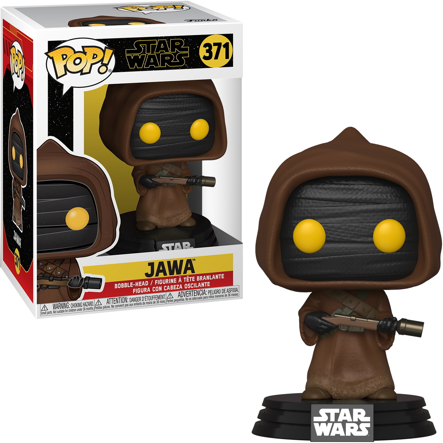 Figurka Jawa Funko Pop. Jest brązowa z czarną głową i żółtymi oczami. Trzyma broń.