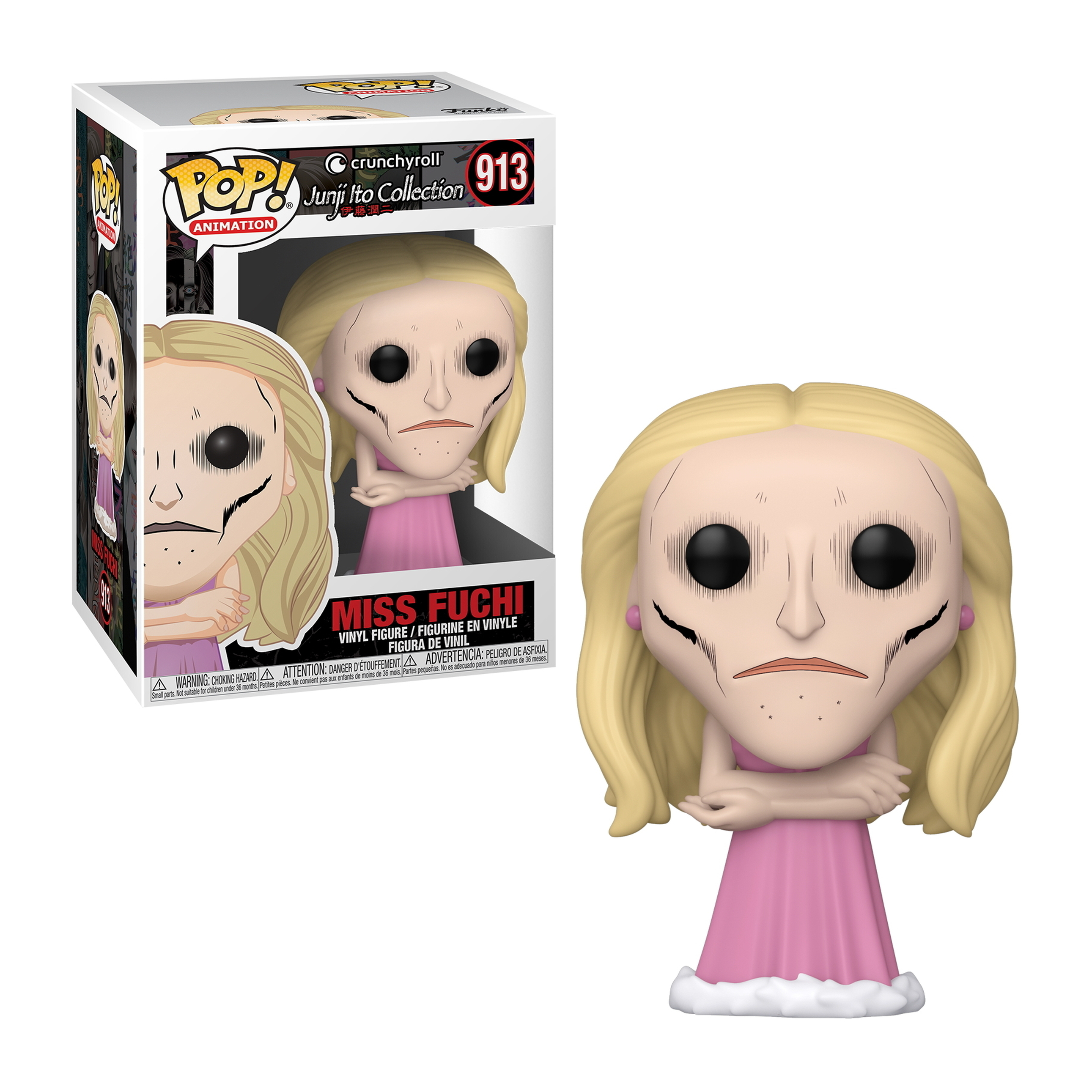 Funko Pop Figur einer Frau mit blassem Gesicht und leeren Augen. Blondes Haar und ein rosa Kleid.