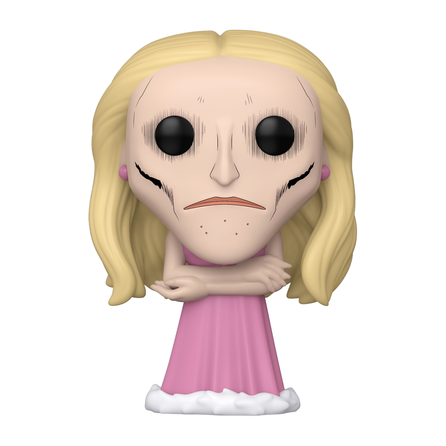 Traurige blonde Frau Funko Pop Figur. Rosa Kleid, blasse Haut, schwarze Augen mit Linien. Arme verschränkt.