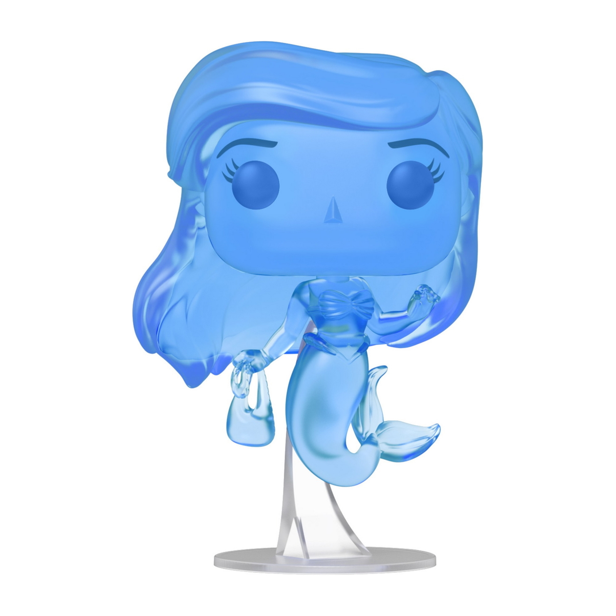 Geisterhafte blaue Arielle-Figur mit Handtasche, auf einem Ständer. Halbtransparente Figur.