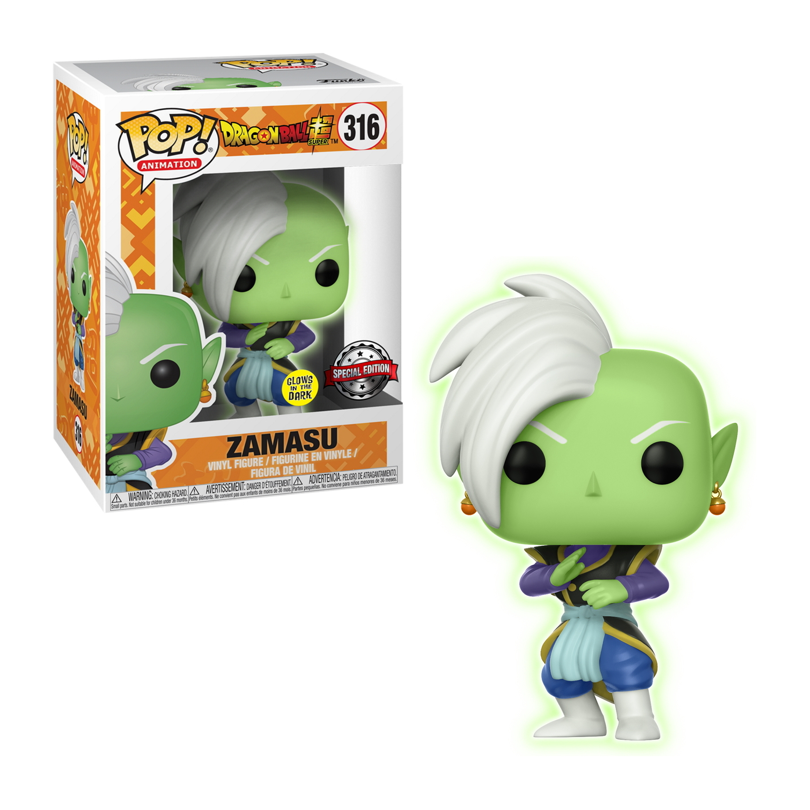 Una figura Funko Pop! verde de Zamasu con cabello blanco, vistiendo un atuendo morado y azul.