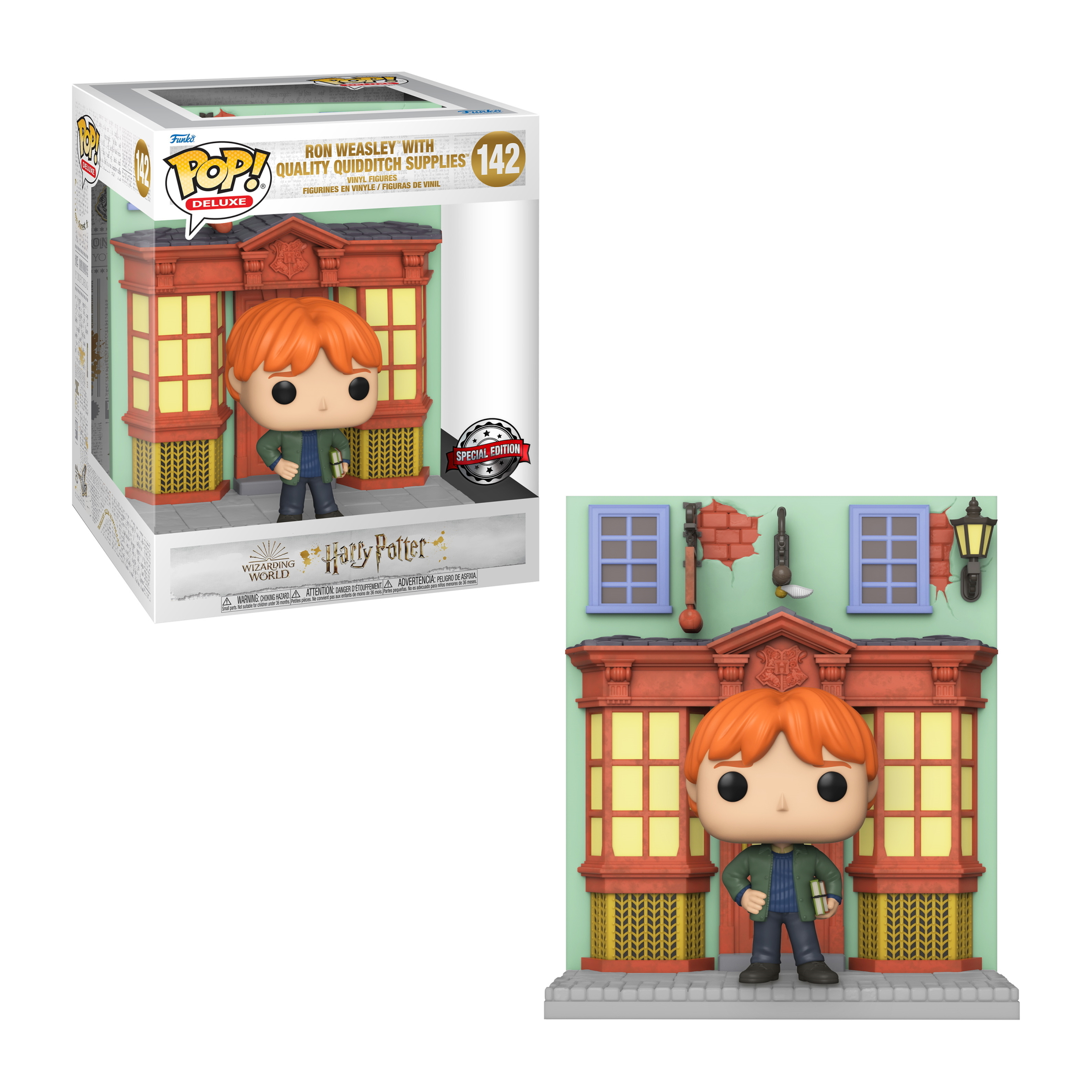 Ron Weasley Funko Pop Figur in einem Laden, mit einer Box und einem Ladeninnenraum als Hintergrund.