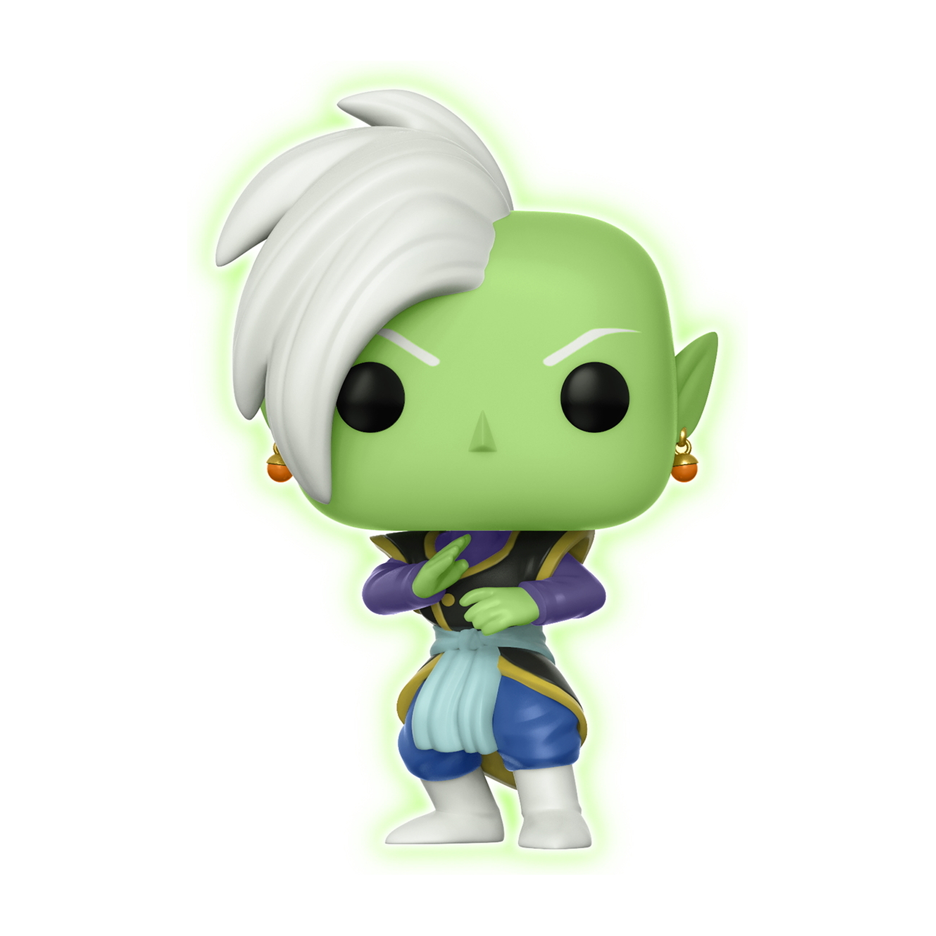 Funko Pop de Zamasu de Dragon Ball. Piel verde, pelo blanco y pendientes dorados. Aura verde brillante.