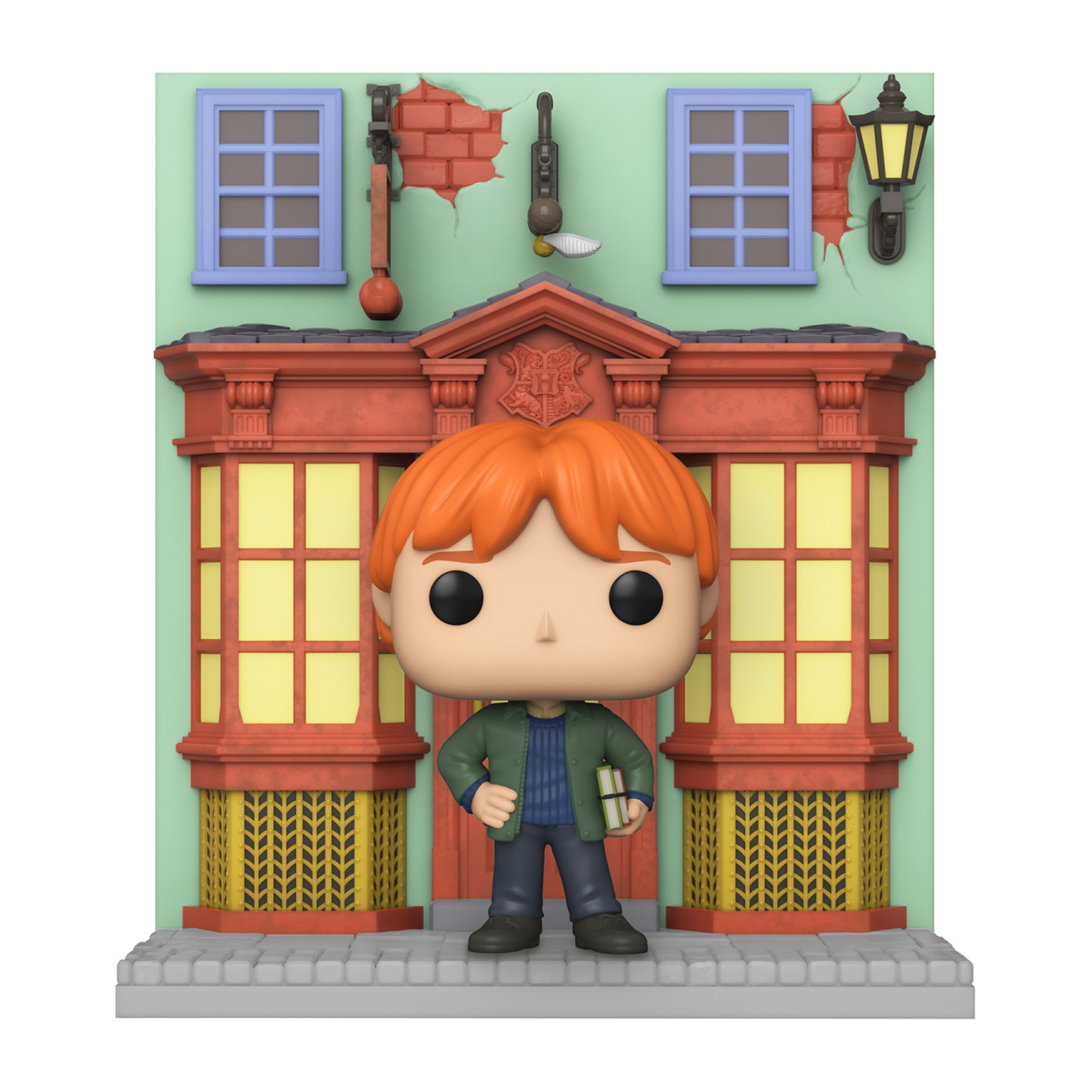 Funko Pop Ron Weasley Figur, vor einem Geschäft stehend. Er hält ein Buch und trägt eine grüne Jacke.