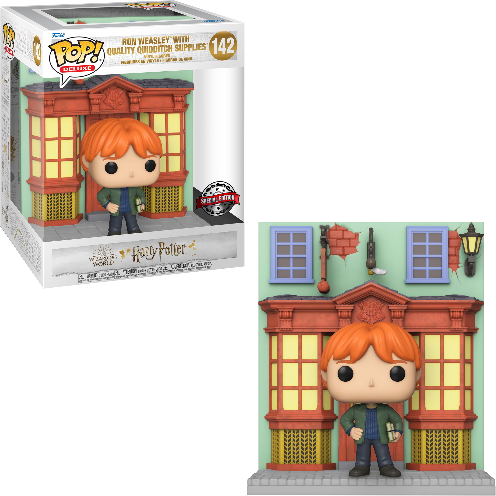 Ron Weasley Funko Pop Figur mit Box. Die Figur steht vor einem Geschäft. Special Edition.