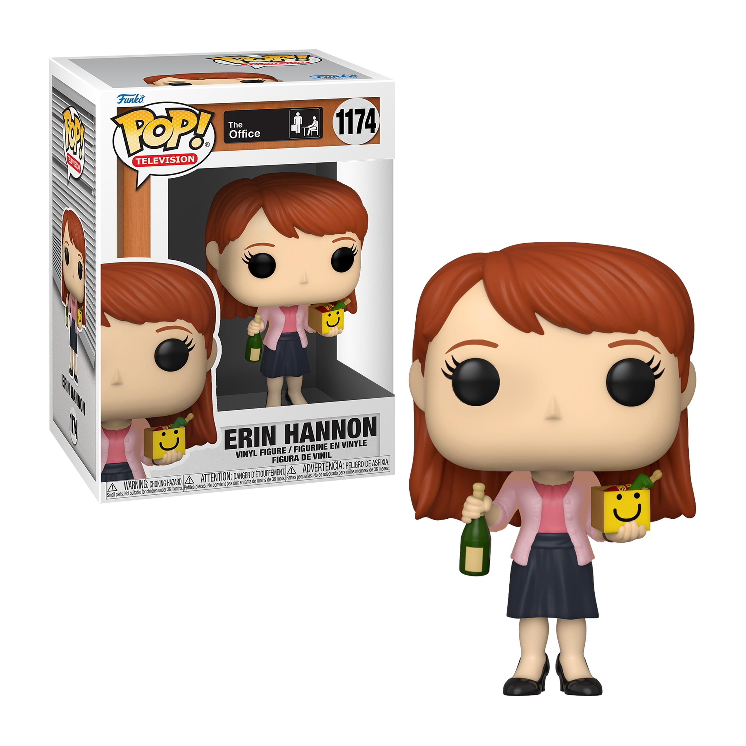 Erin Hannon Pop-Figur, hält Wein und eine Smiley-Geschenkbox, trägt ein pinkes Hemd.