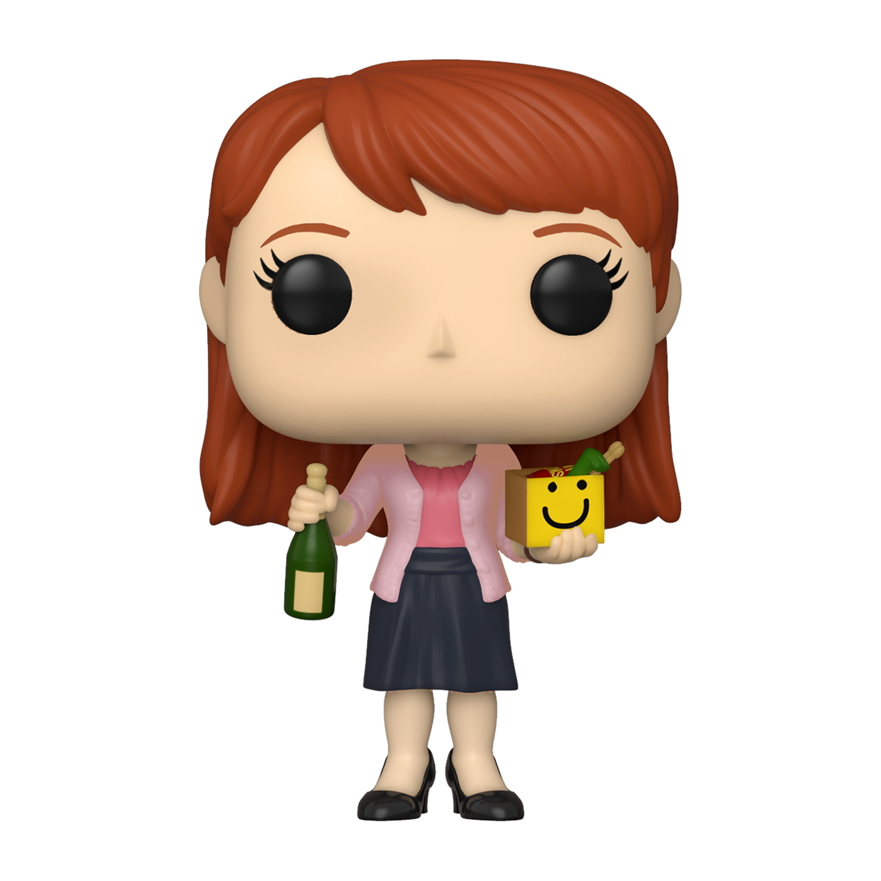 Pam Beesly Funko Pop Figur aus The Office, hält eine Flasche und eine Geschenkbox mit einem Smiley.