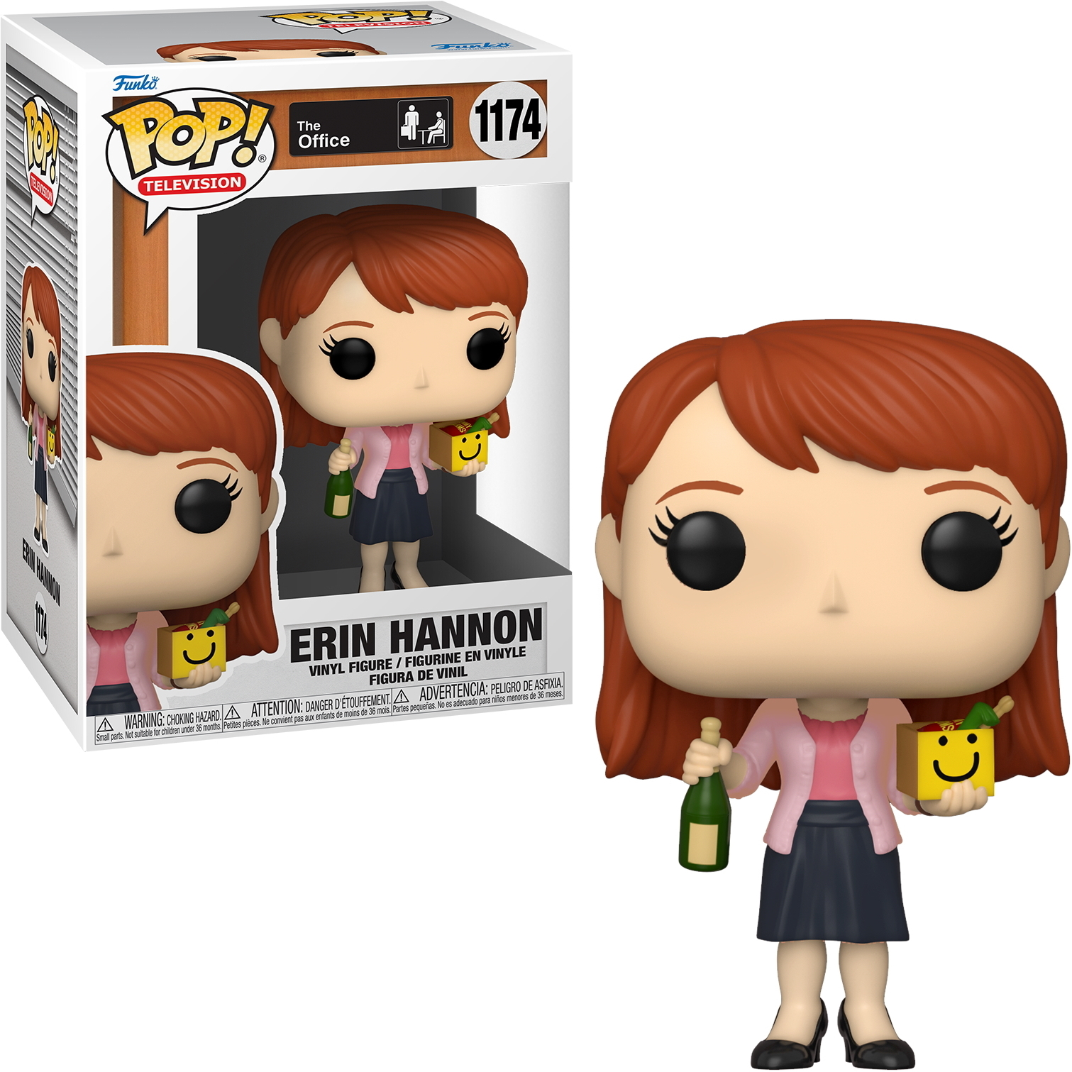 Erin Hannon Funko Pop Figur aus The Office, hält eine Flasche und eine Geschenkbox mit einem Smiley.