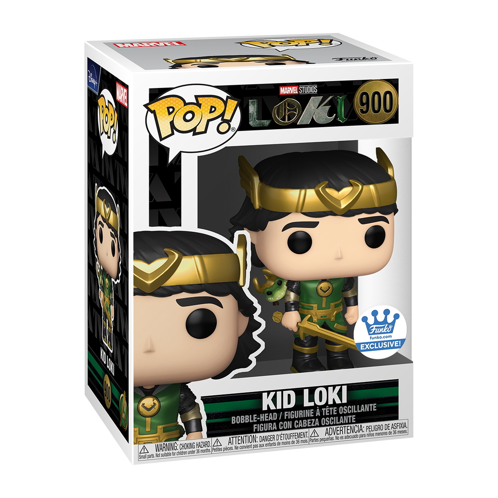 Loki-Figur in einer Box. Schwarzes Haar, goldener Helm, grün-goldene Rüstung und ein Schwert.