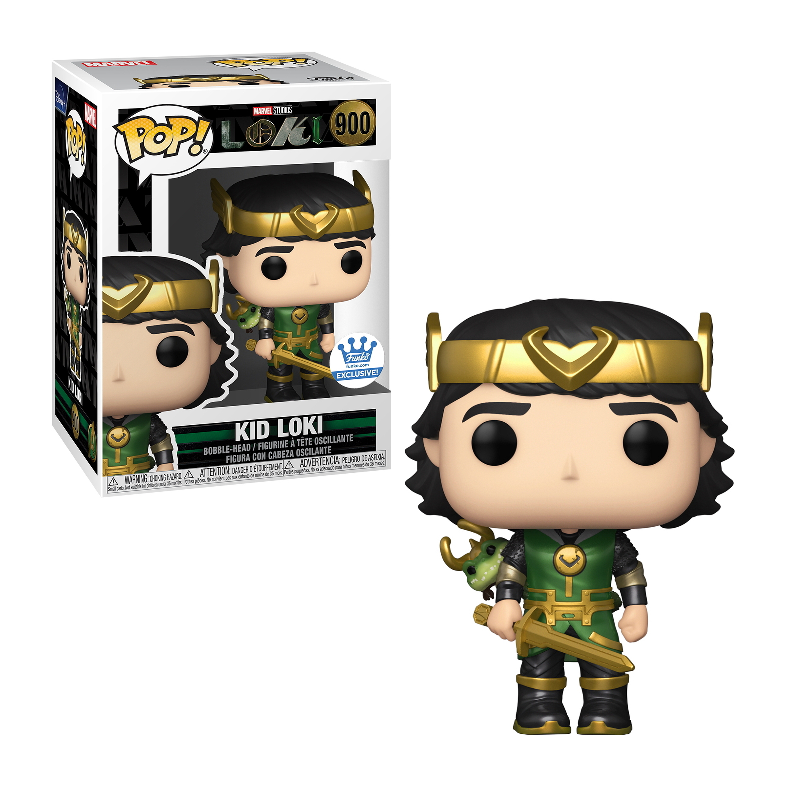 Funko Pop Figur von Kid Loki mit grüner und goldener Rüstung, hält einen Dolch, neben einer Box.