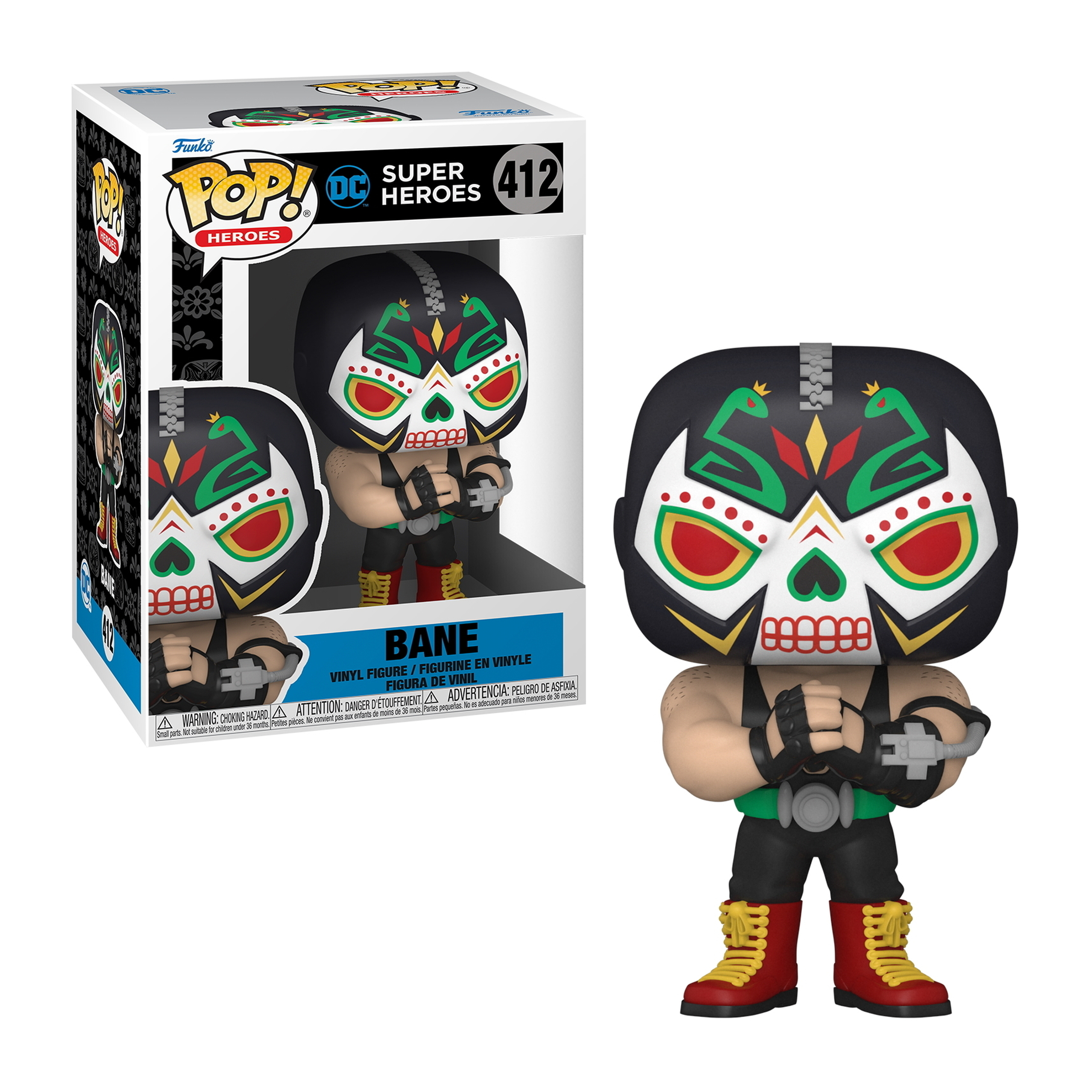 Bane Funko Pop Figur mit Totenkopfmaske, hält eine Waffe, in schwarzem Outfit.