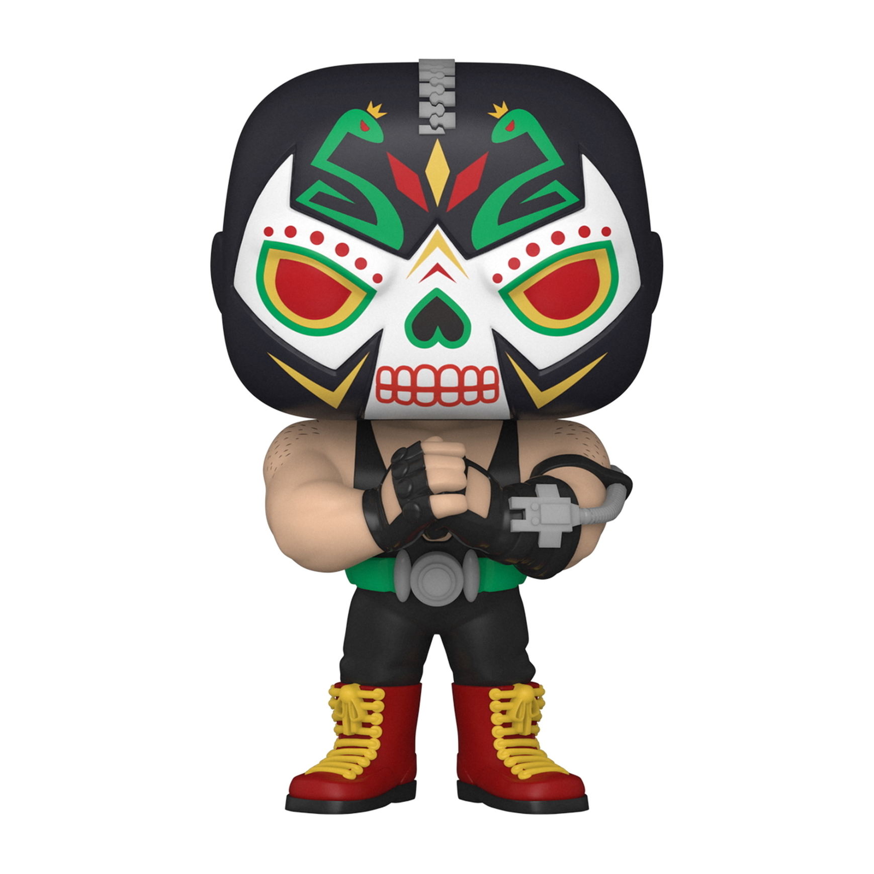 Bane Funko Pop Figur mit Totenkopfmaske und hält ein Rohr. Rote und grüne Akzente sind sichtbar.